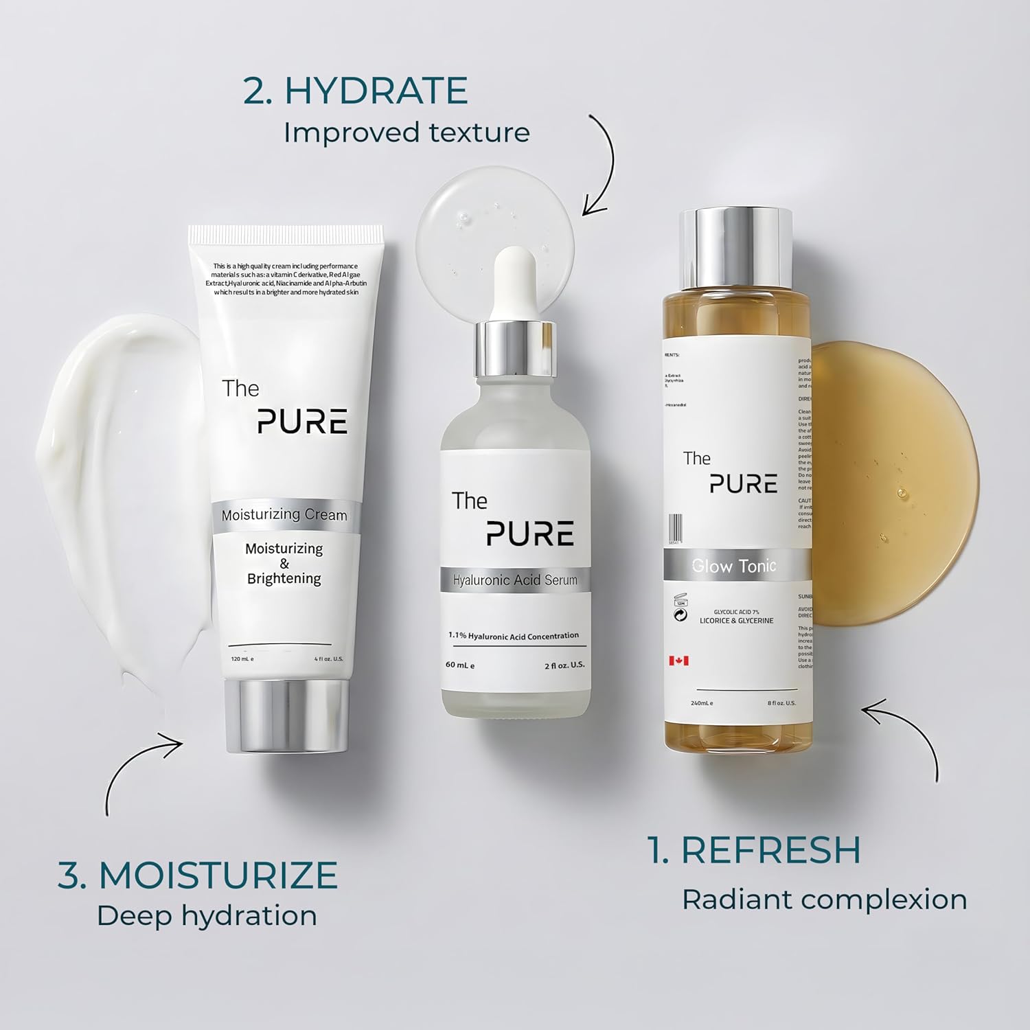 The Pure Skincare Set, Moisturizing Cream, Glow Tonic and Hyaluronic Acid Serum, Hydrating & Brightening Face Care Kit for Anti Aging, Wrinkles, Dark Spots & Radiant Skin - Image 5