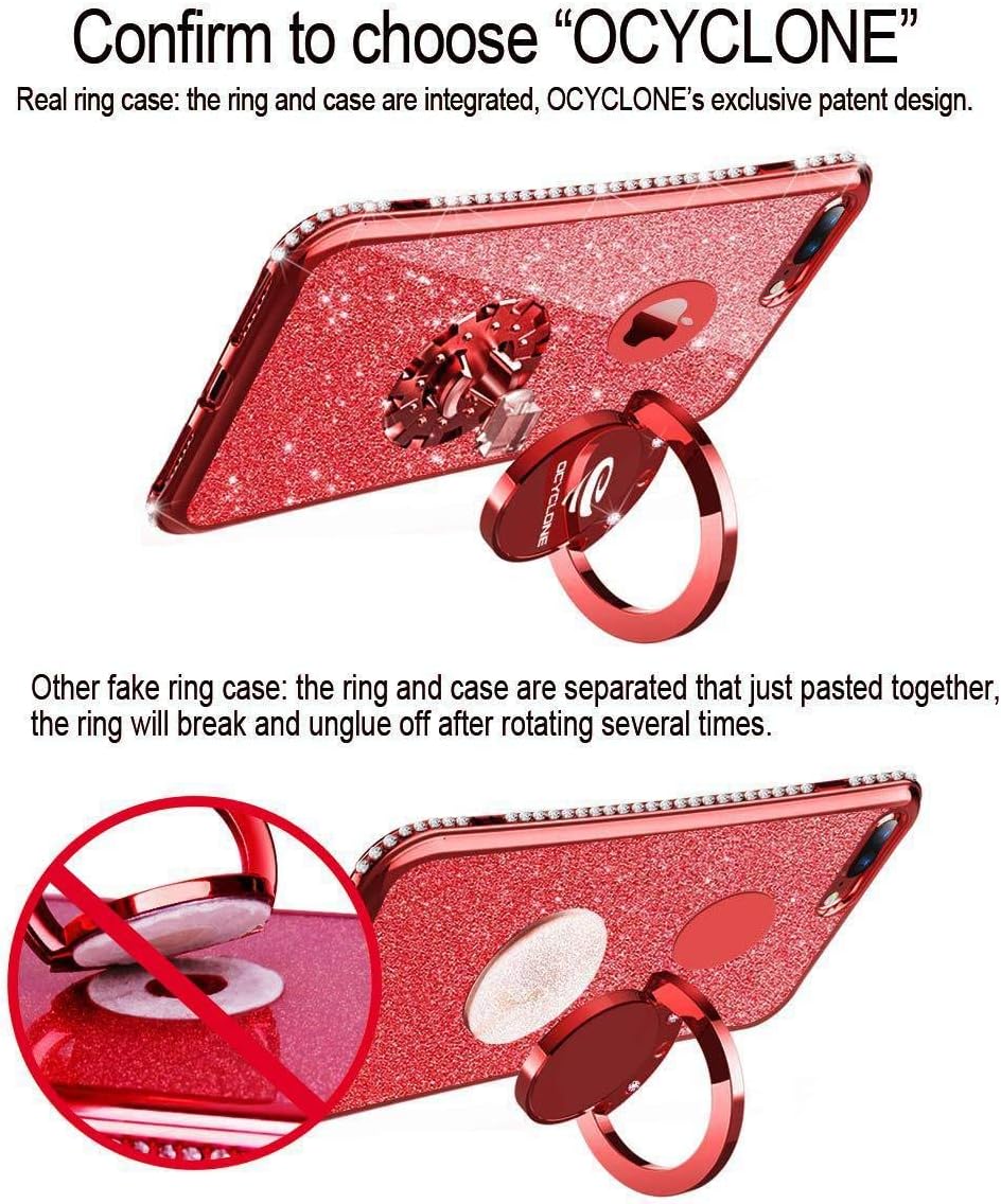 OCYCLONE iPhone 8 Plus Case, iPhone 7 Plus Case, Glitter Luxury Bling Diamond Rhinestone Bumper with Ring Grip Kickstand Protective Thin Girly Red iPhone 8 Plus/ 7 Plus Case for Women Girl - Red