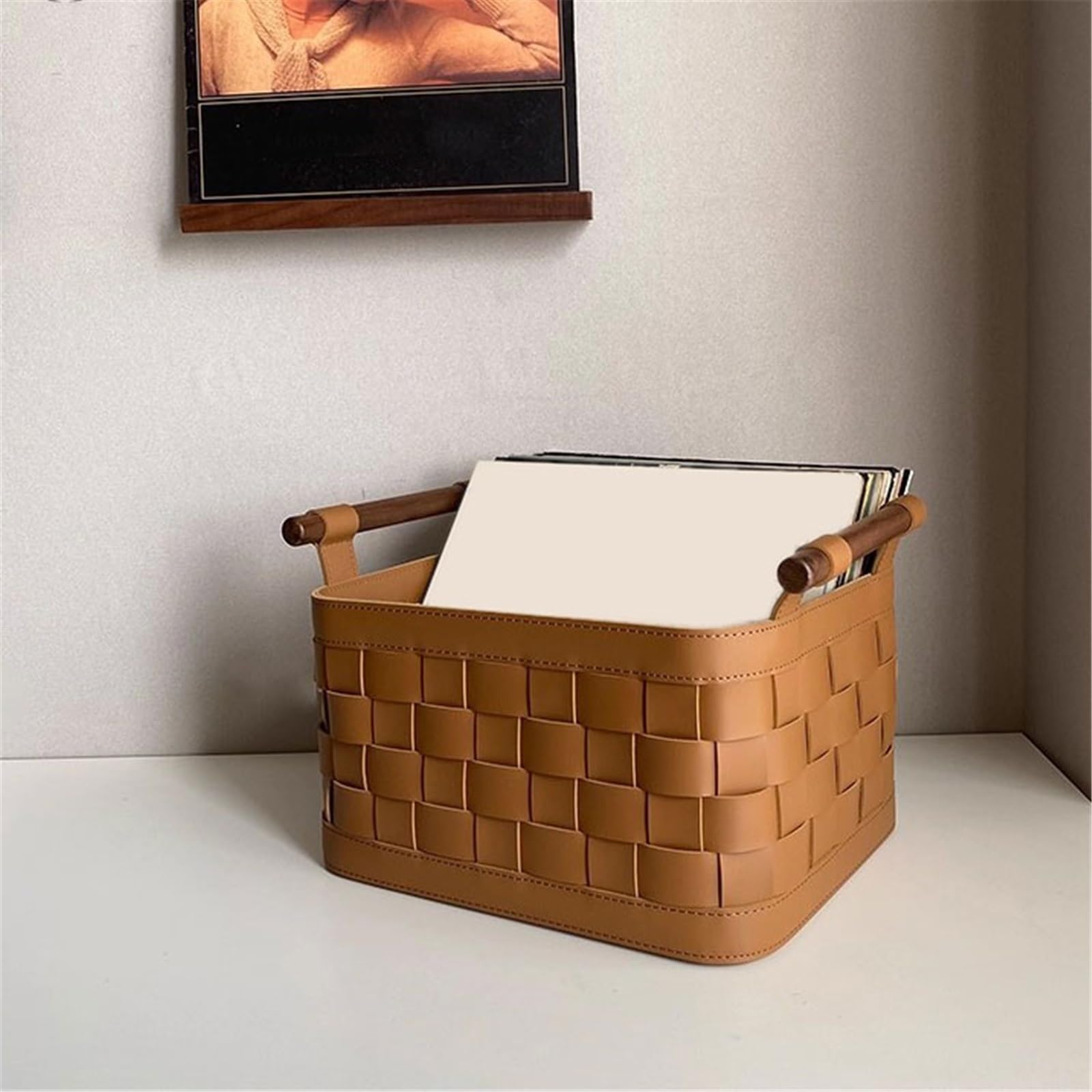Rack per dischi Scatola portaoggetti multifunzionale in tessuto di pelle con custodia for dischi in vinile maniglia for l'home office