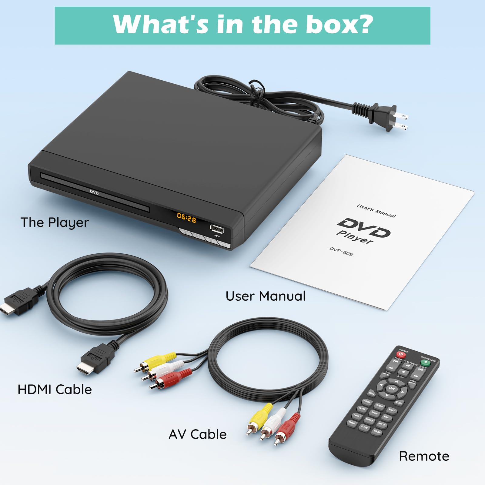 Odtwarzacz DVD HD 1080P do telewizora z HDMI, bez regionu, odtwarzacz CD do domu, odtwarza wszystkie regiony i formaty, mini odtwarzacz DVD z kablem USB, pilotem, HDMI i RCA w zestawie (DVD-004)