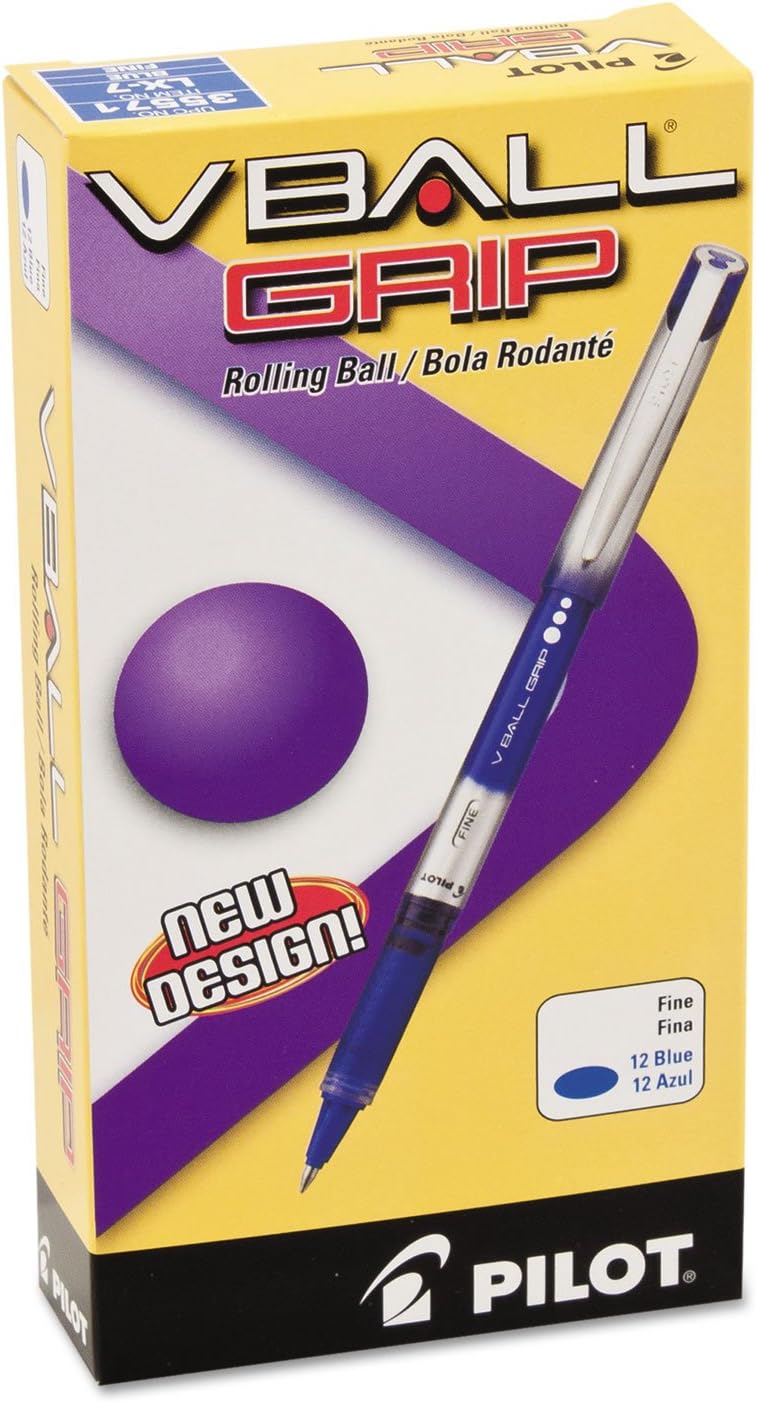 PILOT VBall Grip Liquid Ink Rolling Ball Stick Pens, Fine Point, Blue Ink, 12-Pack (35571)