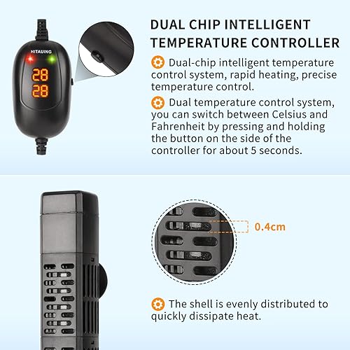 Miniatura 4 de HiTauing Calentador de acuario, calentador sumergible de pecera de 50 W100 W200 W300 W500 W con protección contra sobretemperatura y apagado