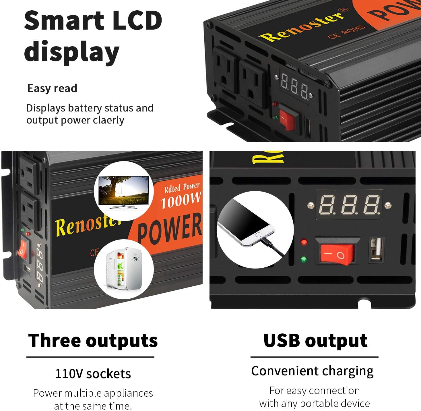 Authentic Crazy Deals Renoster 1000W Pure Sine Wave Inverter Power Converter DC 12V to AC 110V with Rechargeable Remote Control 2 US-Standard Plugs and 2.4A USB Port for RV Truck Road Travel Emergency Tools