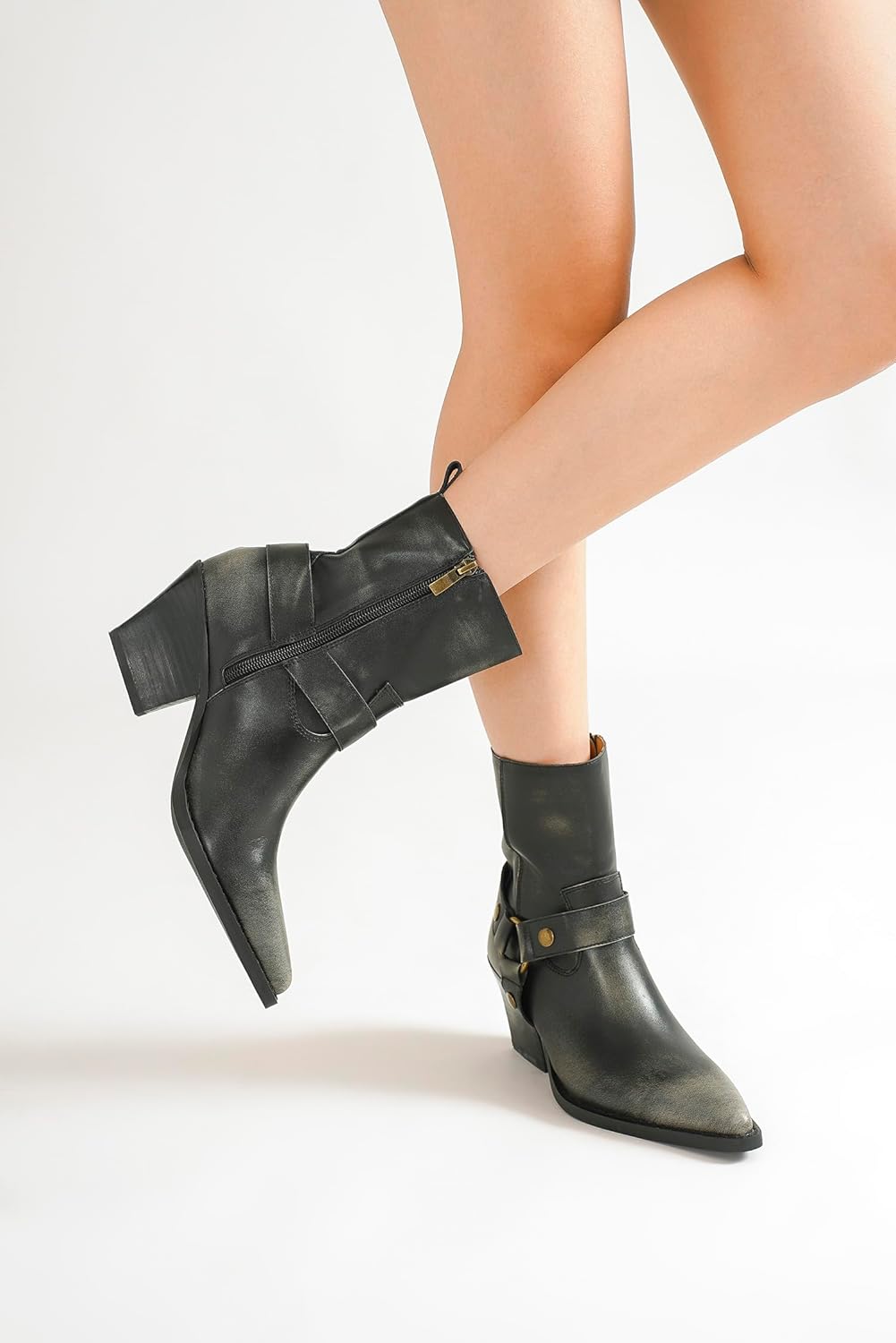Women's Western Harness Boots Ankle Boots Vintage, Casual & Versatile, Daily Party Stacked Block Heel Boots Cowgirl Boots Pointed Toe Boots Side Zipper for All Seasons