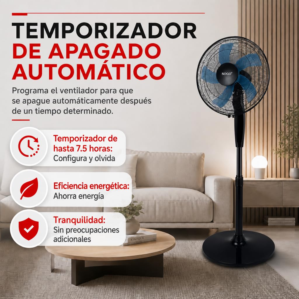 SOGO Ventilador de Pie Silencioso con Mando a Distancia y Temporizador 7,5H - Ventilador de Pie 40 cm Oscilante con 3 Velocidades - Altura Ajustable 120-145 cm y 5 Aspas 50W Negro (SS-21280)