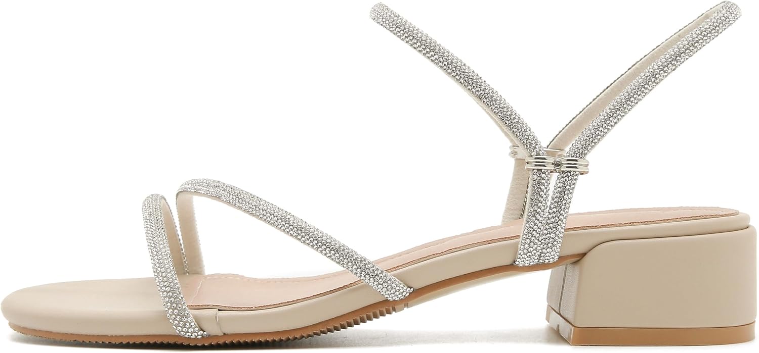 Enelauge Women's Rhinestone Strappy Open Toe Low Block Chunky Heels Sandals Backless Summer Holiday Party Wedding Dress Shoes Nude 37-6.5US - Image 4