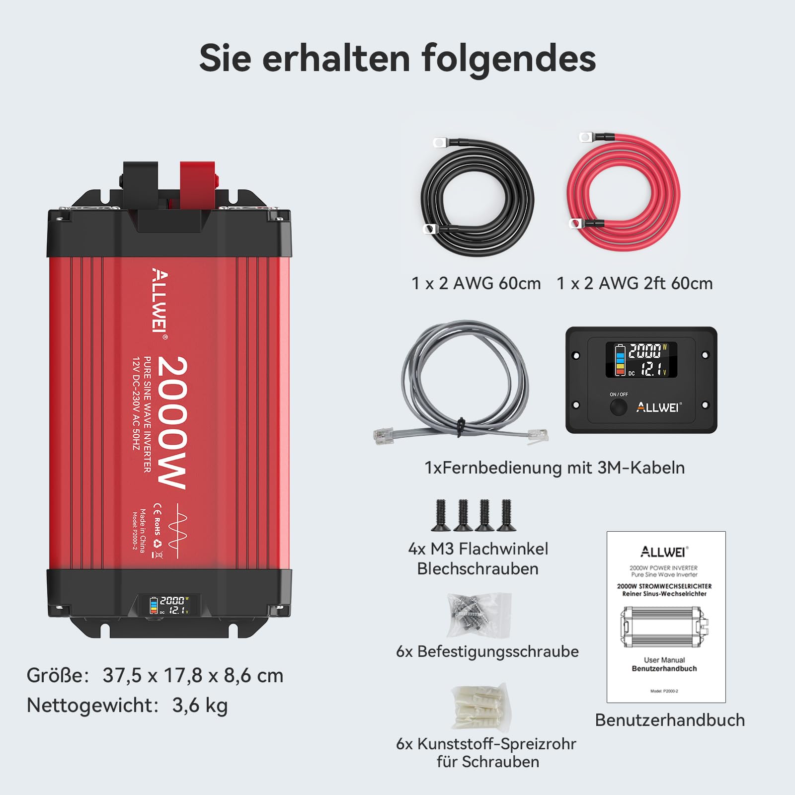 ALLWEI Czysty falownik sinusoidalny 2000 W, 12 V na 230 V, do domu, przyczepy kempingowej, ciężarówki, niezależnych od sieci instalacji solarnych, falownik 12 V 220 V, moc szczytowa 4000 W