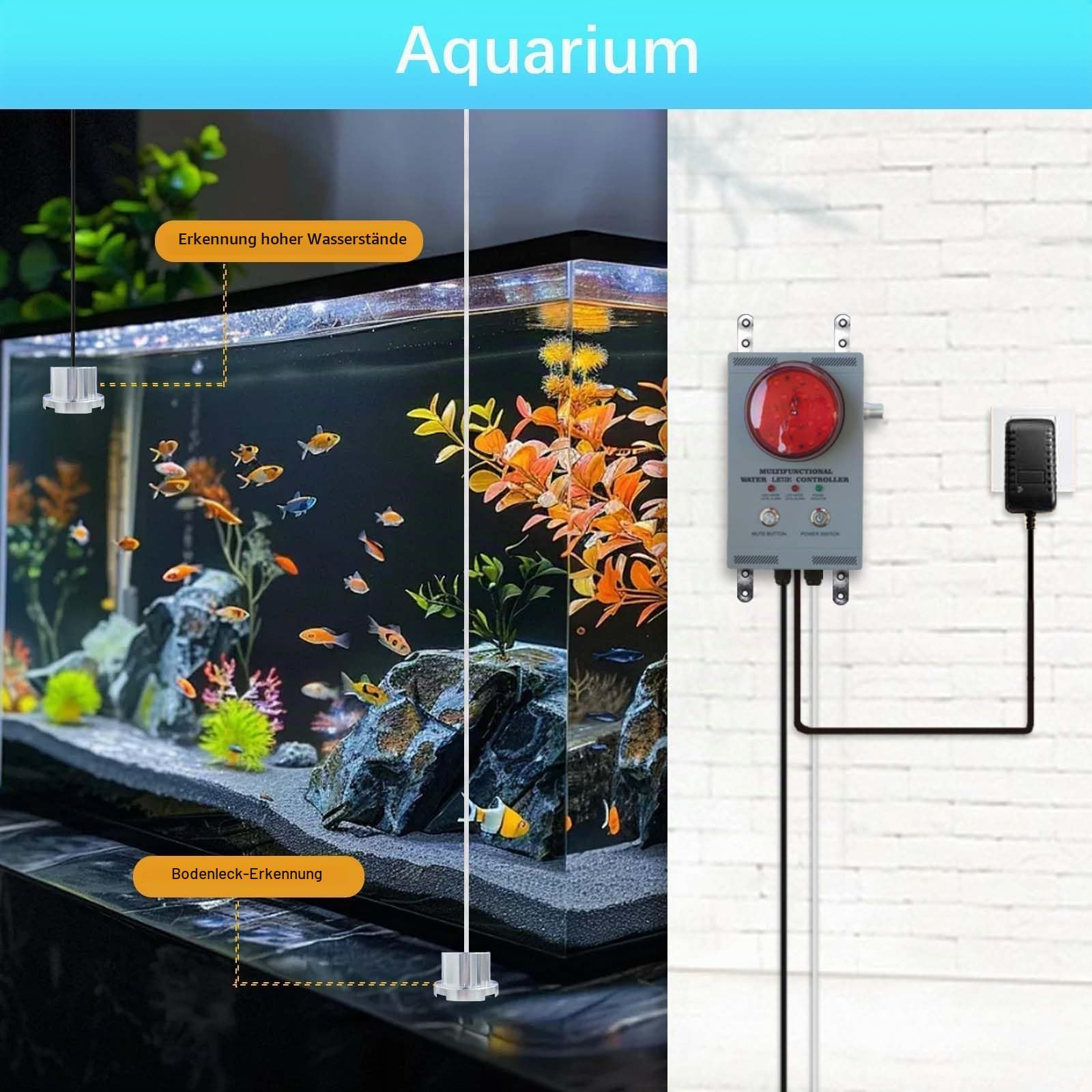 Professioneller Wasseralarm, Leckwächter mit zwei Sensoren, 120 dB einstellbarer akustisch/visueller Alarm, 10 m Kabel, Vollmetall Industriequalität für Sumpfpumpen/Keller/Klärgruben/Fabrik/Lagerhalle