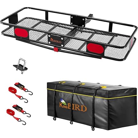 KING BIRD Upgraded 60" x 24" x 6" Hitch Mount Folding Cargo Carrier Fits to 2'' Receiver,550LBS Capacity Cargo Basket with Waterproof Cargo Bag,Hitch Stabilizer and Packing Straps