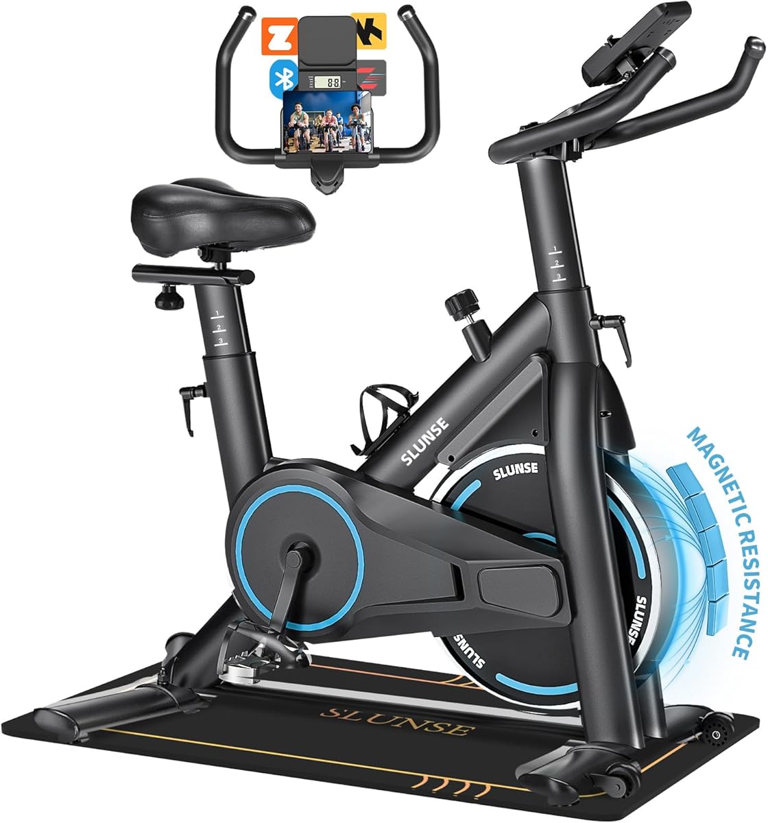 Velo d Appartement, SLUNSE Vélo d'Appartement connecté APPs avec Écran, Vélo d' Stationnaire pour la Maison avec Résistance Magnétique Réglable, Siège Moelleux et Réglage en Hauteur, Roulement 180KG