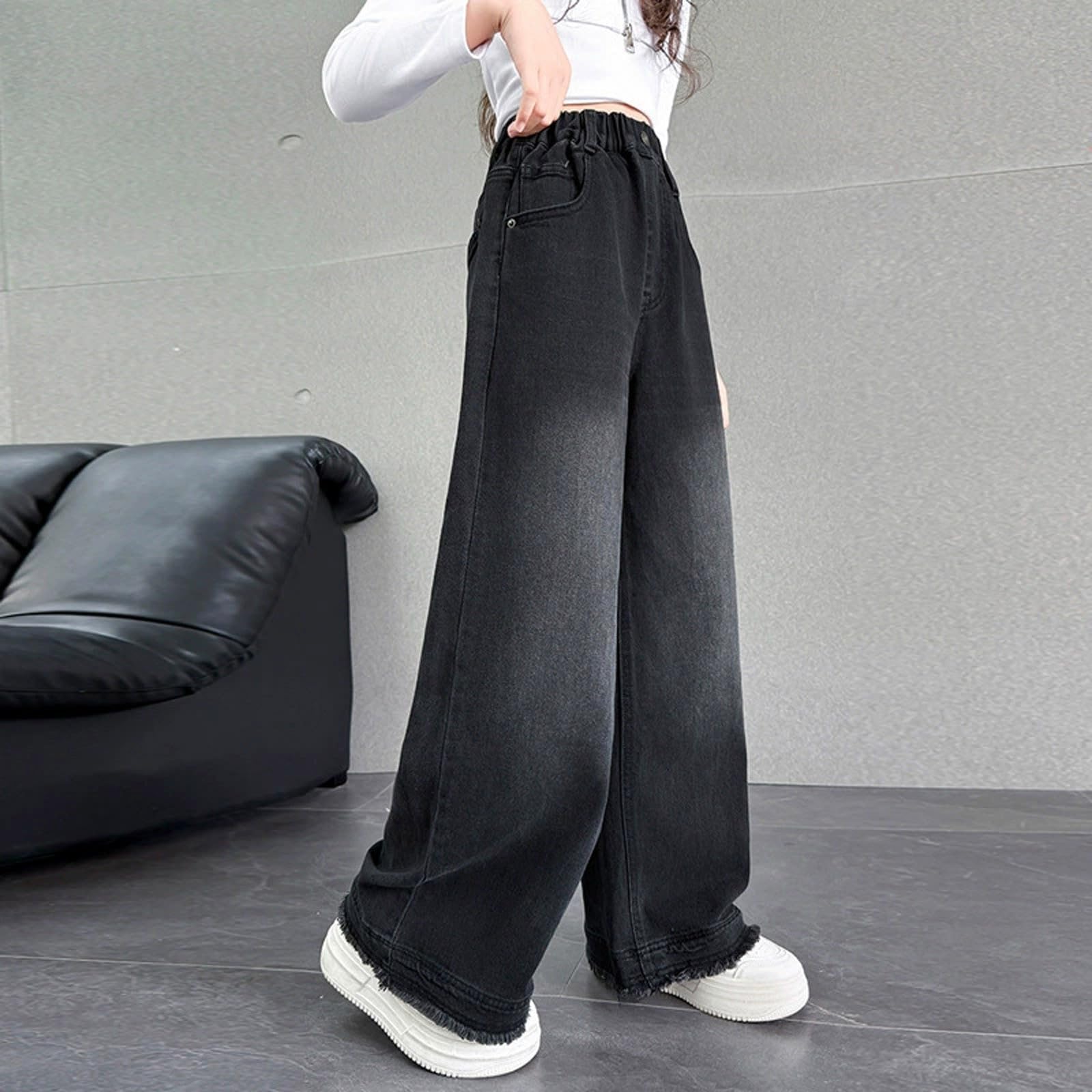 Baggy Jeans Mädchen 120-170 Fit, Wide Leg Jeans Mädchen 4-16 Jahre Y2K Straight Loose Fit, Jogginghose Teenager Elastische Taille, Jeanshose Denim Hosen Kinder Vintage Lässige
