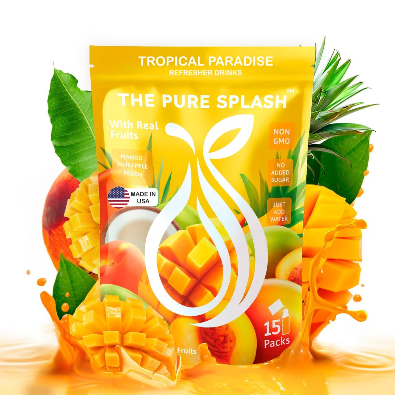 Refresher Drink Tropical Paradise – Natural Pineapple, Mango & Peach Mix with Real Fruit Pieces – Zero Sugar, Low-Calorie, Non-GMO – Hydrate Boost & Liquid Hydration Support – 15 Packets