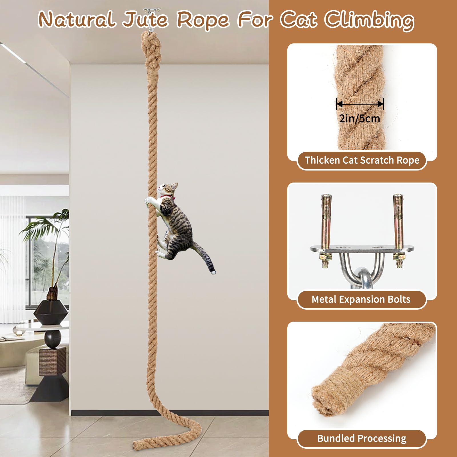 Cuerda de escalada para gatos de 2 pulgadas x 9.84 pies con gancho, cuerda de yute natural para montar en techo y pared, cuerdas de sisal duraderas para gatos en interiores y exteriores que juegan