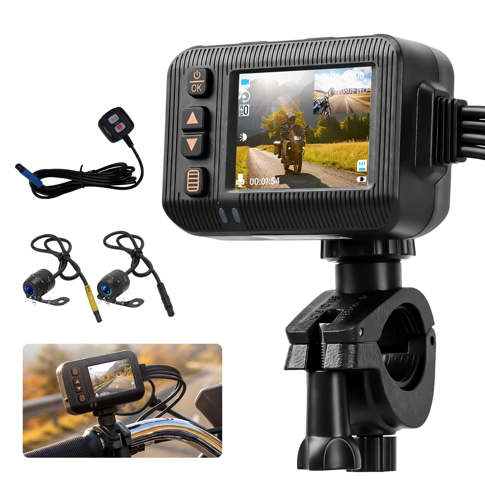 SIXTOP HDR Motorrad-Dashcam (vorne und hinten), 2 Zoll Dual Objektiv Motorrad Dashcam, IP67-Motorradkamera mit Loop-Aufnahme, G-Sensor, Parkmodus, Weitwinkel, Nachtsicht, kabelgebundene Steuerung