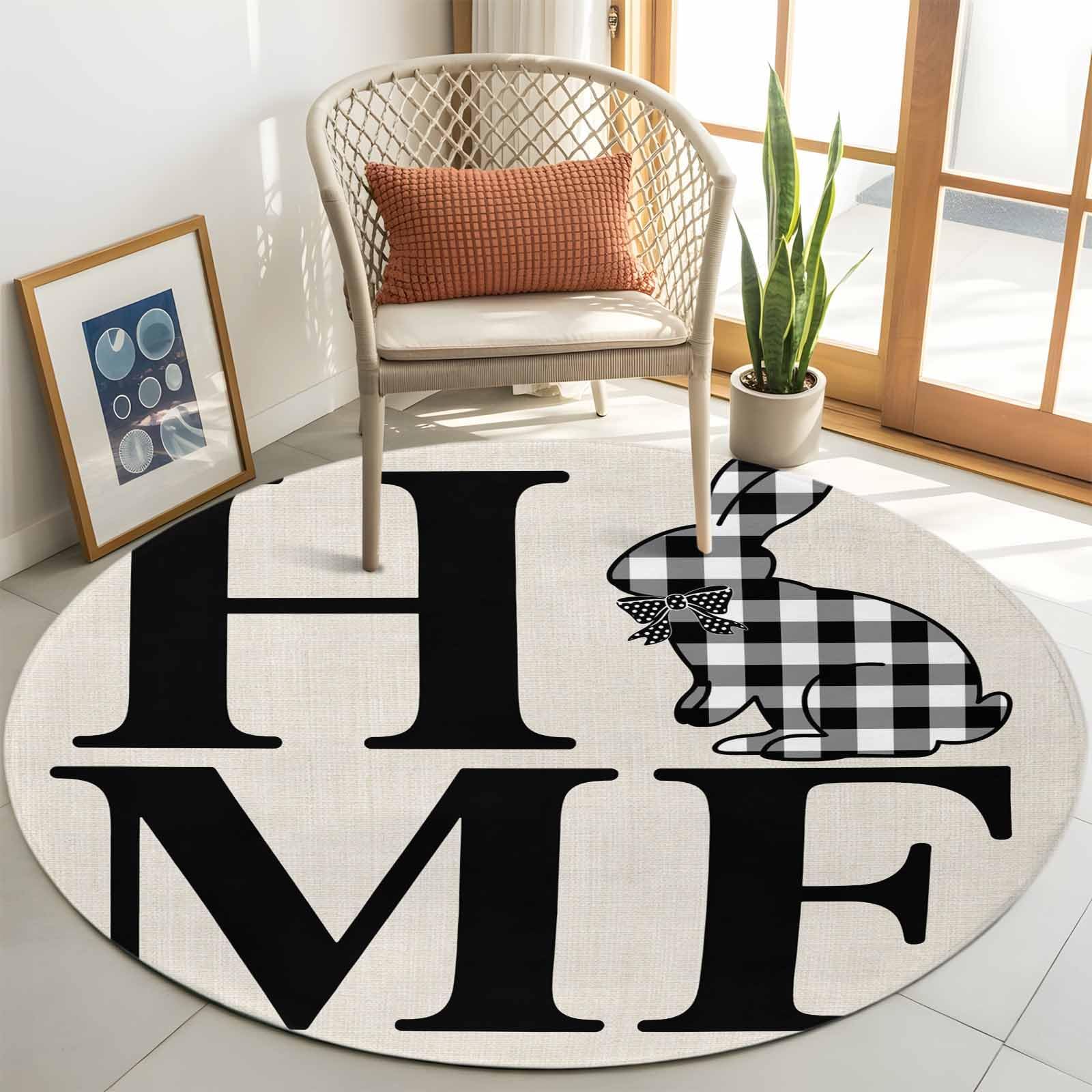 Round Area Rug Fluffy Carpet,3ft Home Text Easter Rabbit Soft Shaggy Circle Rugs Non-Slip Accent Floor Mat for Living Room Bedroom Nursery Office Decor,Buffalo Plaid Bunny Retro Linen