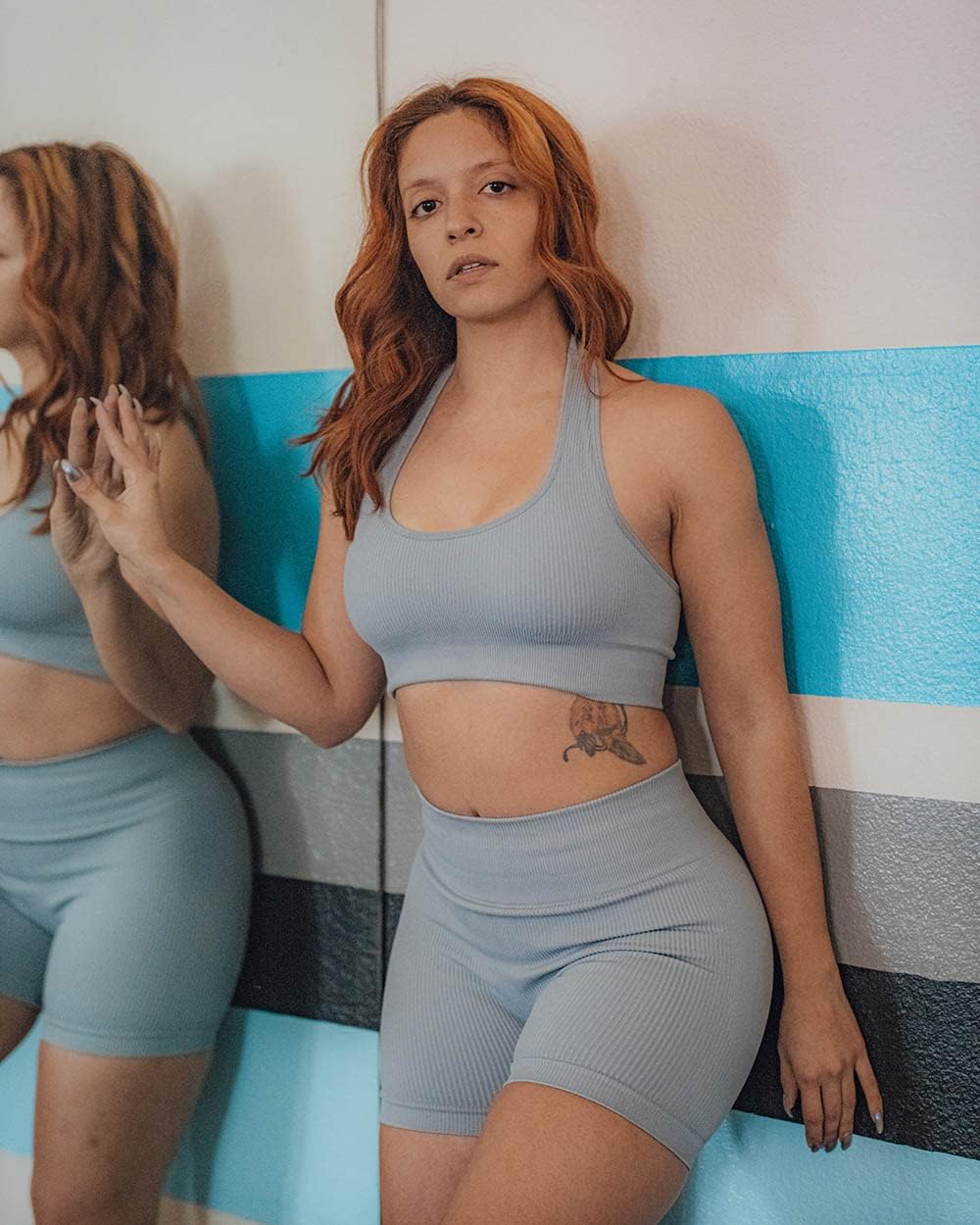 SUUKSESS Women Seamless Ribbed Workout Set Backless Sports Bra Booty Biker Short - Image 6