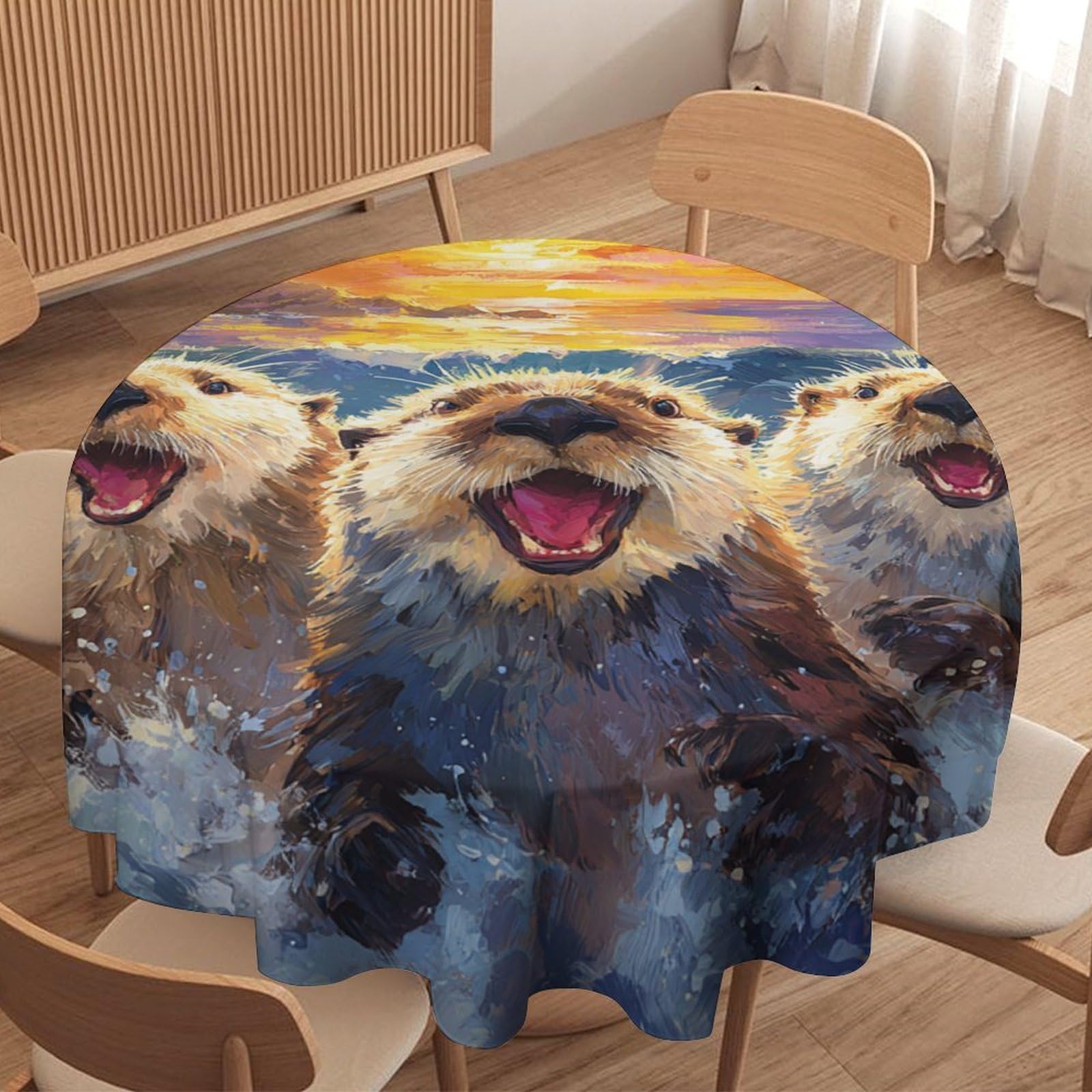 LUYYSKY Beautiful Colorful Cute Otters Round Tablecloth Nautical Watercolor Sunset Ocean Birds Seagulls Animals Otters Pattern Washable Decor for Table Cover for Kitchen-177.8" Wx177.8 L cm