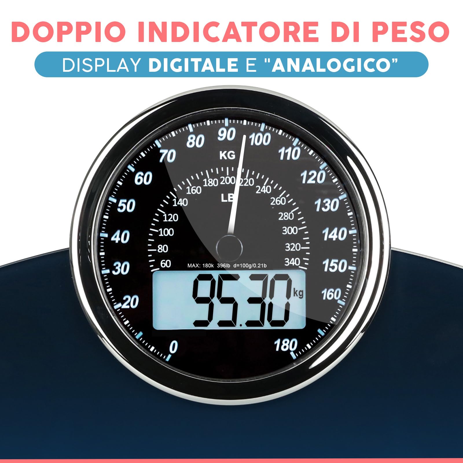 Bilancia Pesapersone Analogica e Digitale Ibrida Adamson 2 in 1 per Peso Corporeo fino a 180 kg - Vetro Spesso - Large Display - Bilancia Digitale di Facile - Blu con Retroilluminazione Nera