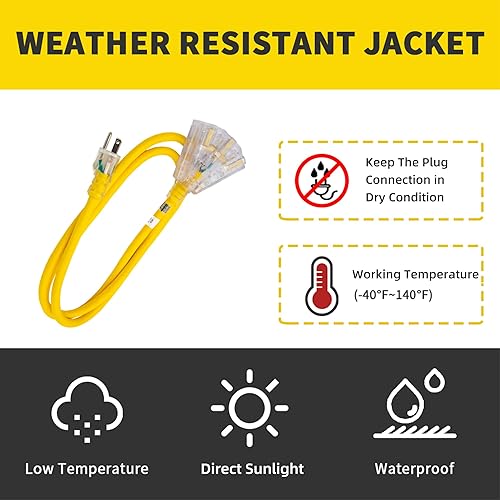 Miniatura 7 de Cable de extensión iluminado para exteriores de 40 pies con 3 tomas de corriente, cable de extensión amarillo resistente SJTW 123 con enchufe a