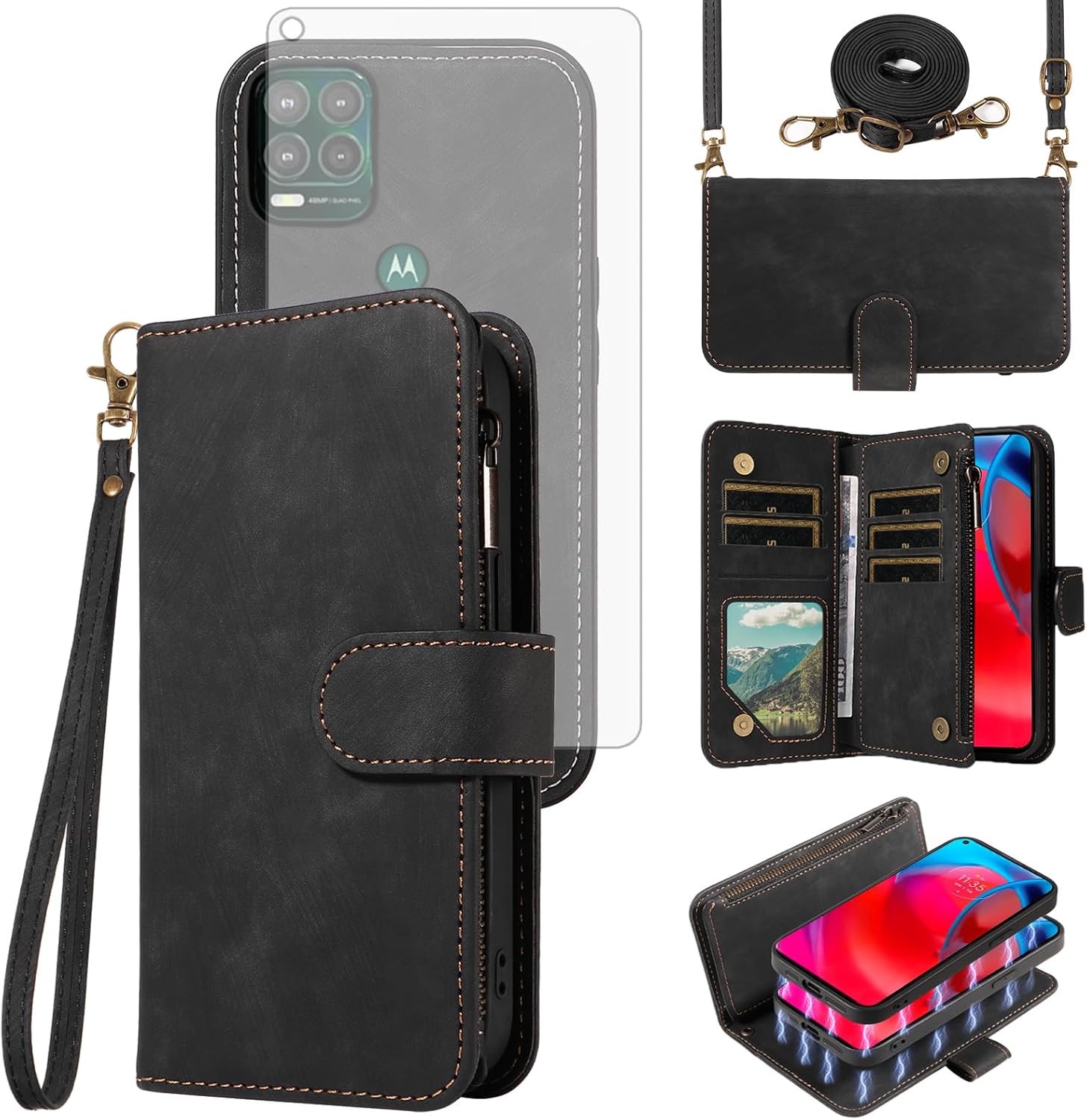 Asuwish Phone Case for Moto G Stylus 5G 2021 Zipper Wallet Detachable Magnetic Cover with Tempered Glass Screen Protector Crossbody Lanyard Card Holder Motorola GStylus G5 XT2131DL Women Girls Black