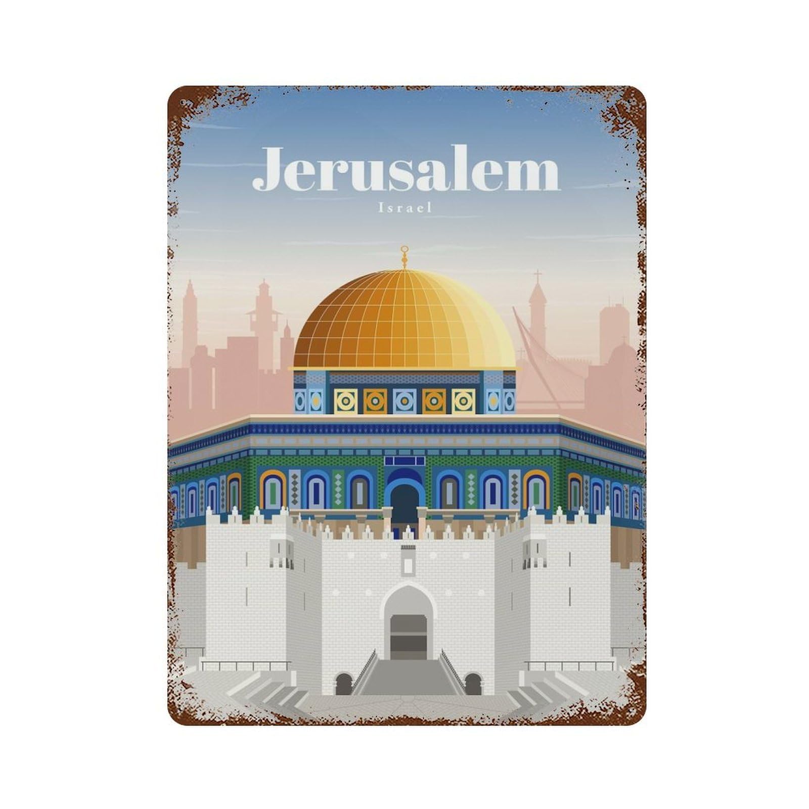 Travel to Jerusalem Weathered Tin Sign 15.7"x11.8", Rustic Home Decor for Office, Studio And Wall Decor