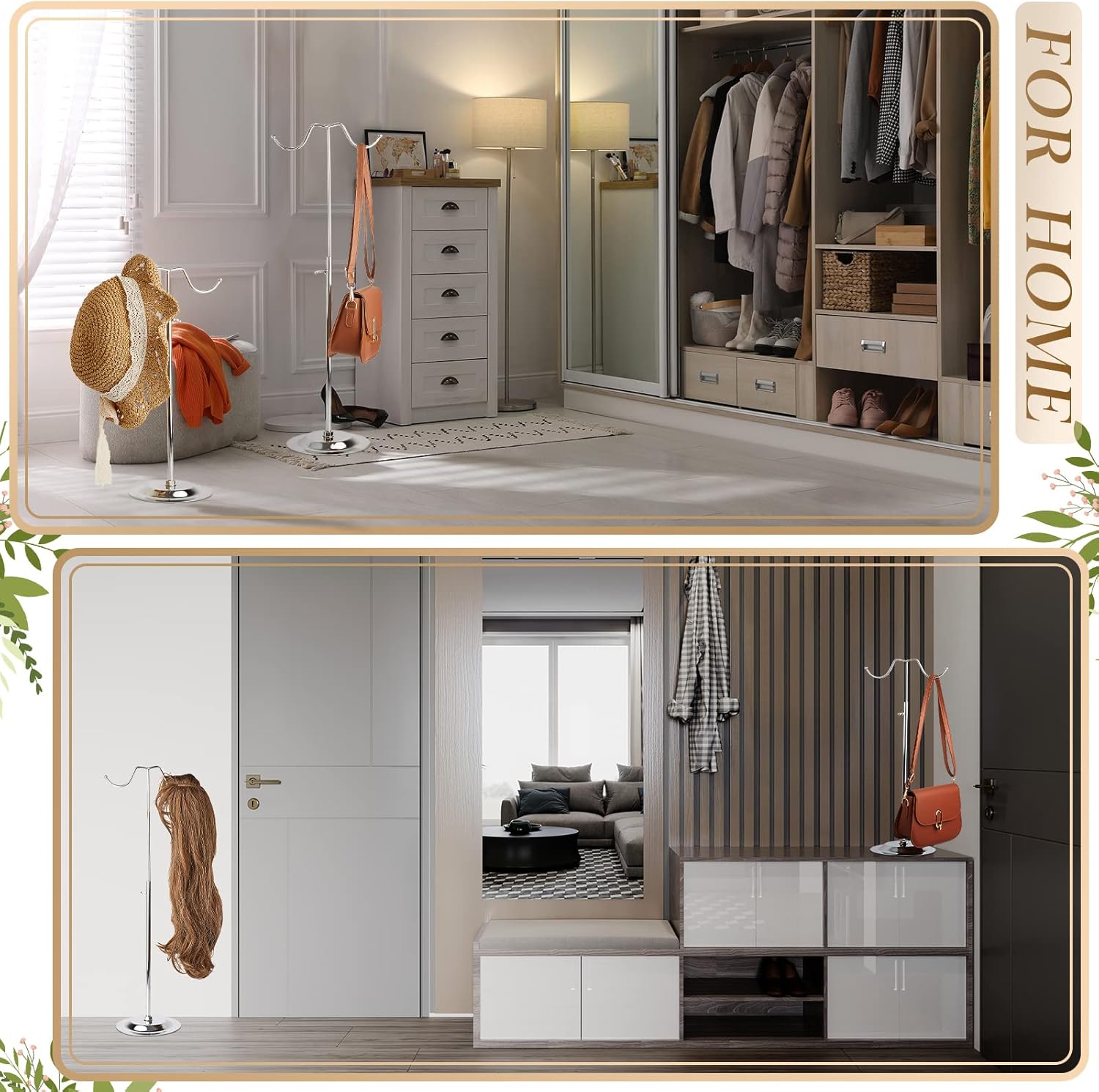 Lounsweer 2 Pcs Purse Handbag Display Stand Double Hook Stainless Steel Metal Purse Holder Rack Stand Table Hanging Display for Women Handbags Wig Hats - Image 5