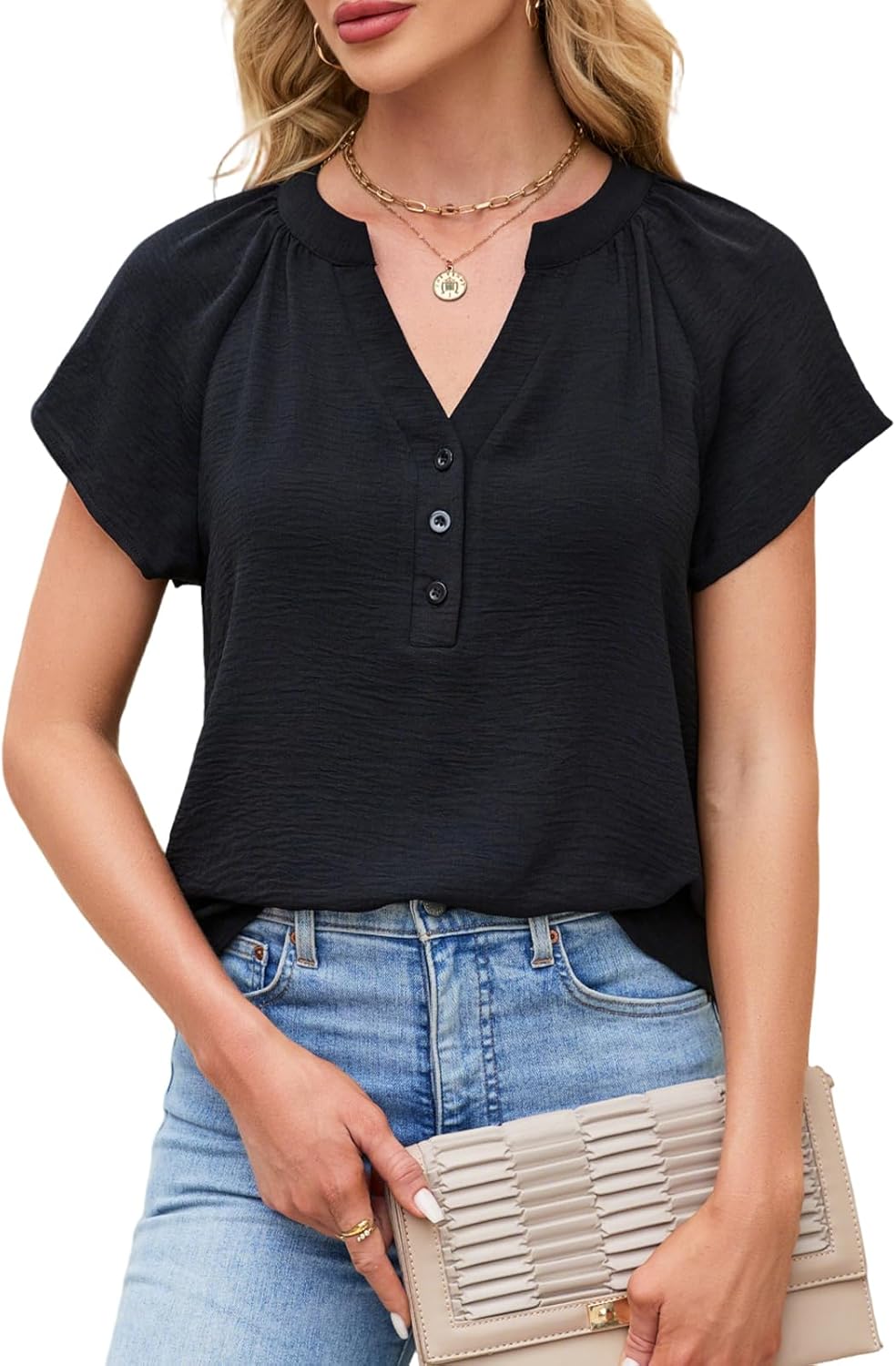 Womens Short Sleeve V Neck Loose Blouse Flowy Summer T Shirt Cap Sleeve Casual Tops White