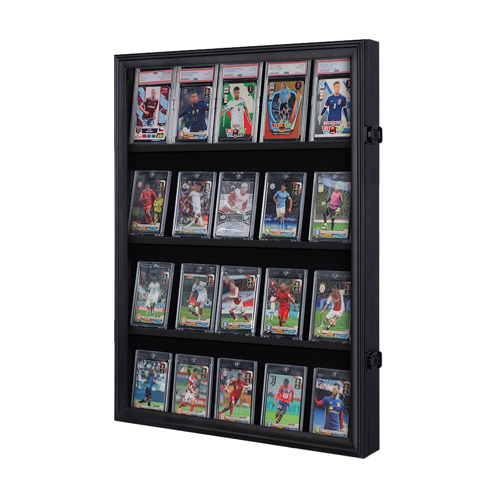 Espositore per carte sportive con protezione UV, con serratura, per pallacanestro, calcio, baseball, hockey, 20 pezzi, finitura nera