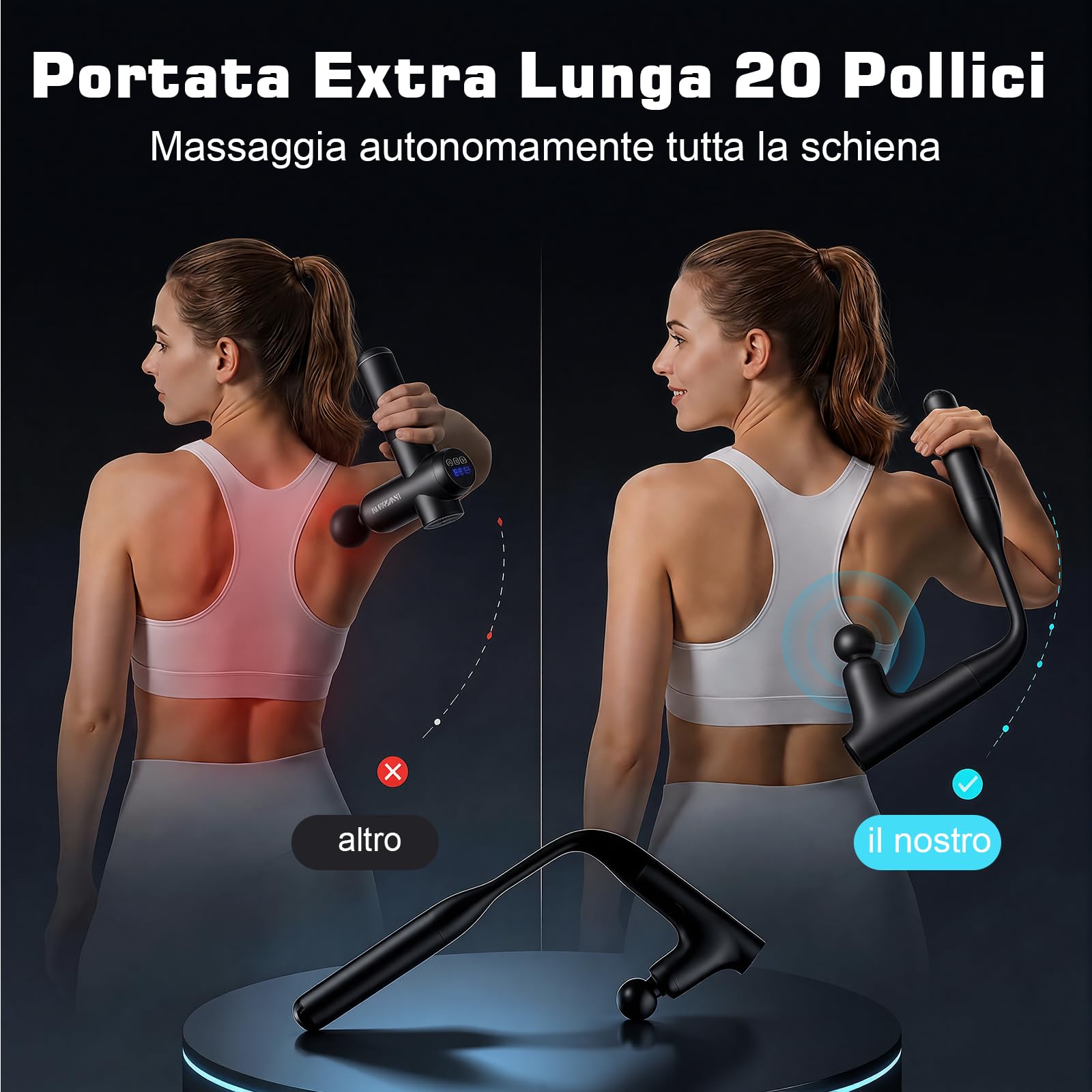 Pistolet de Massage Dos avec Poignée Extensible, 50cm Percussion Turbo Massage Tissus Profonds pour Auto-Massage, Force 7kg Masseur Portable Électrique pour Récupération Musculaire, 4 Têtes