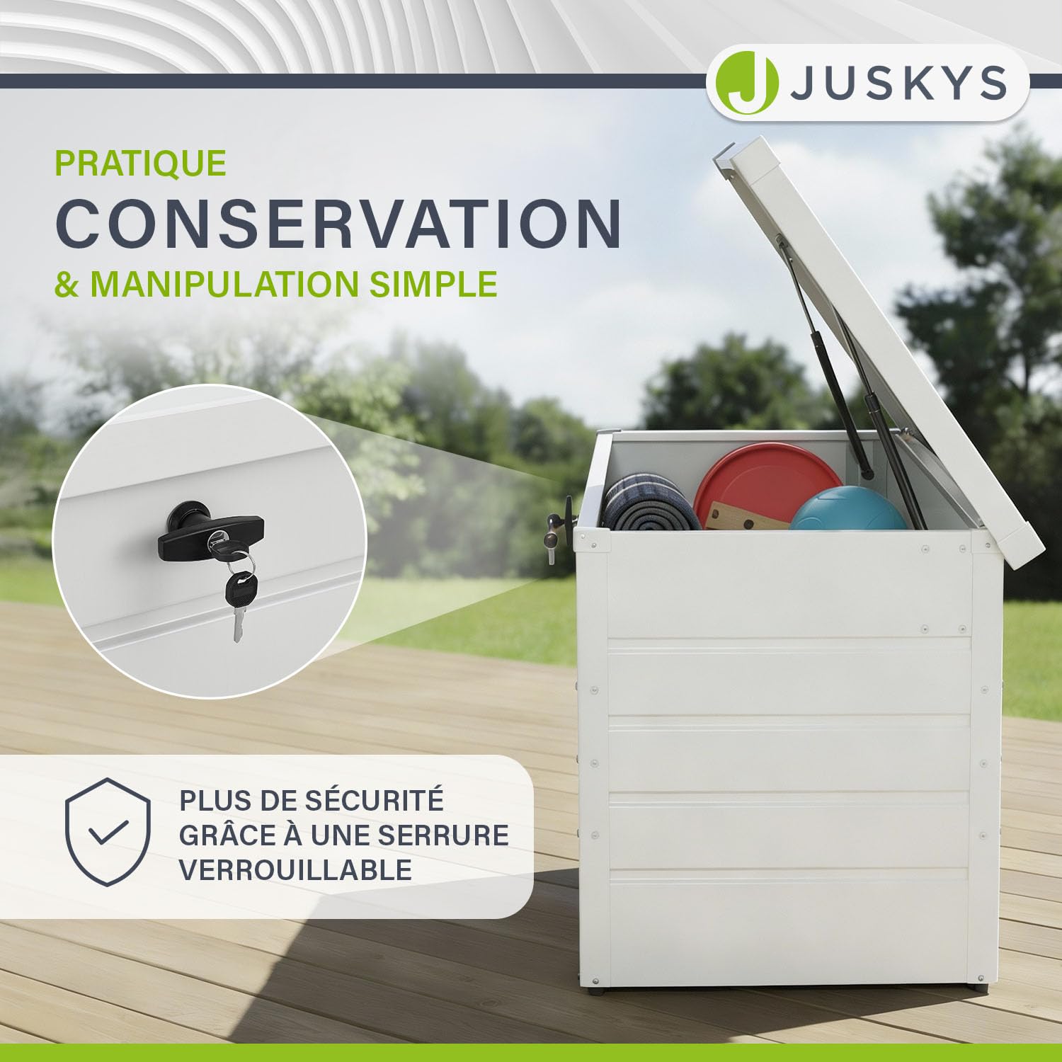 Juskys Boîte de rangement en métal Limani 380 L étanche verrouillable jardin blanc