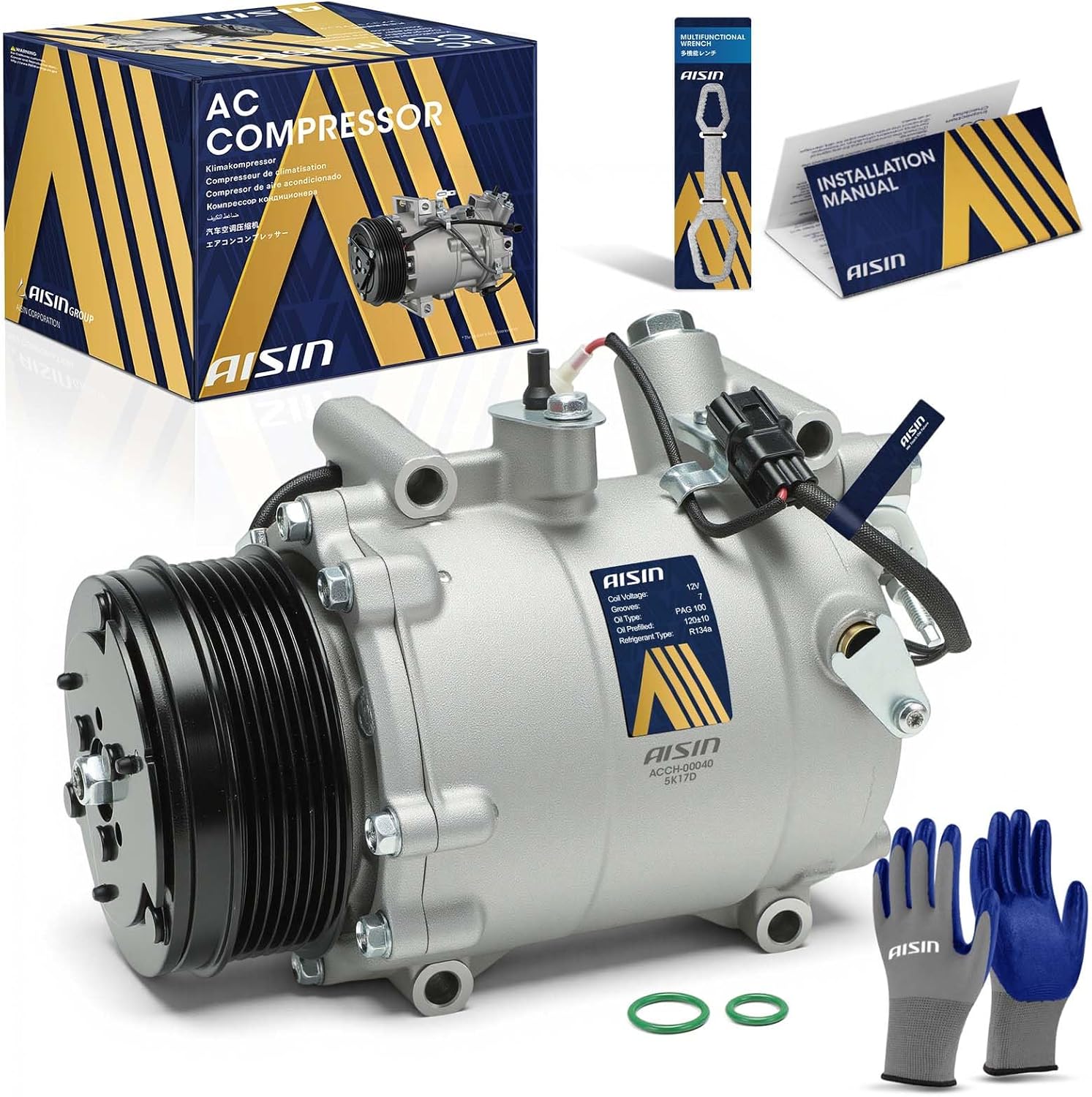 AISIN AFTERMARKET ACCH-00040 Air Conditioner AC Compressor - Compatible with Honda CR-V 2007-2011 2.4L, Acura RDX 2007-2012 2.3L - with 7-Pulley Groove, with Clutch
