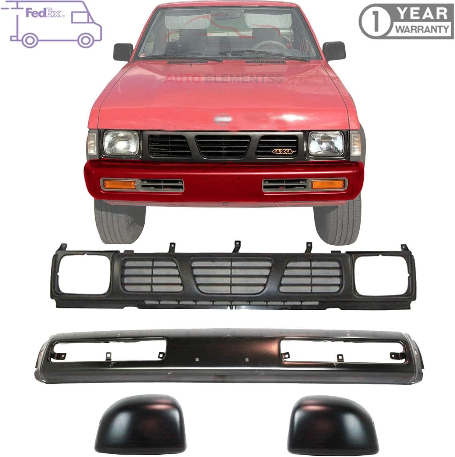 Front Bumper Paintable Steel + Grille Assembly + End Caps For 1993-1994 Nissan D21 / 1995 Nissan Pickup Direct Replacement 6201457G26 6201656G00