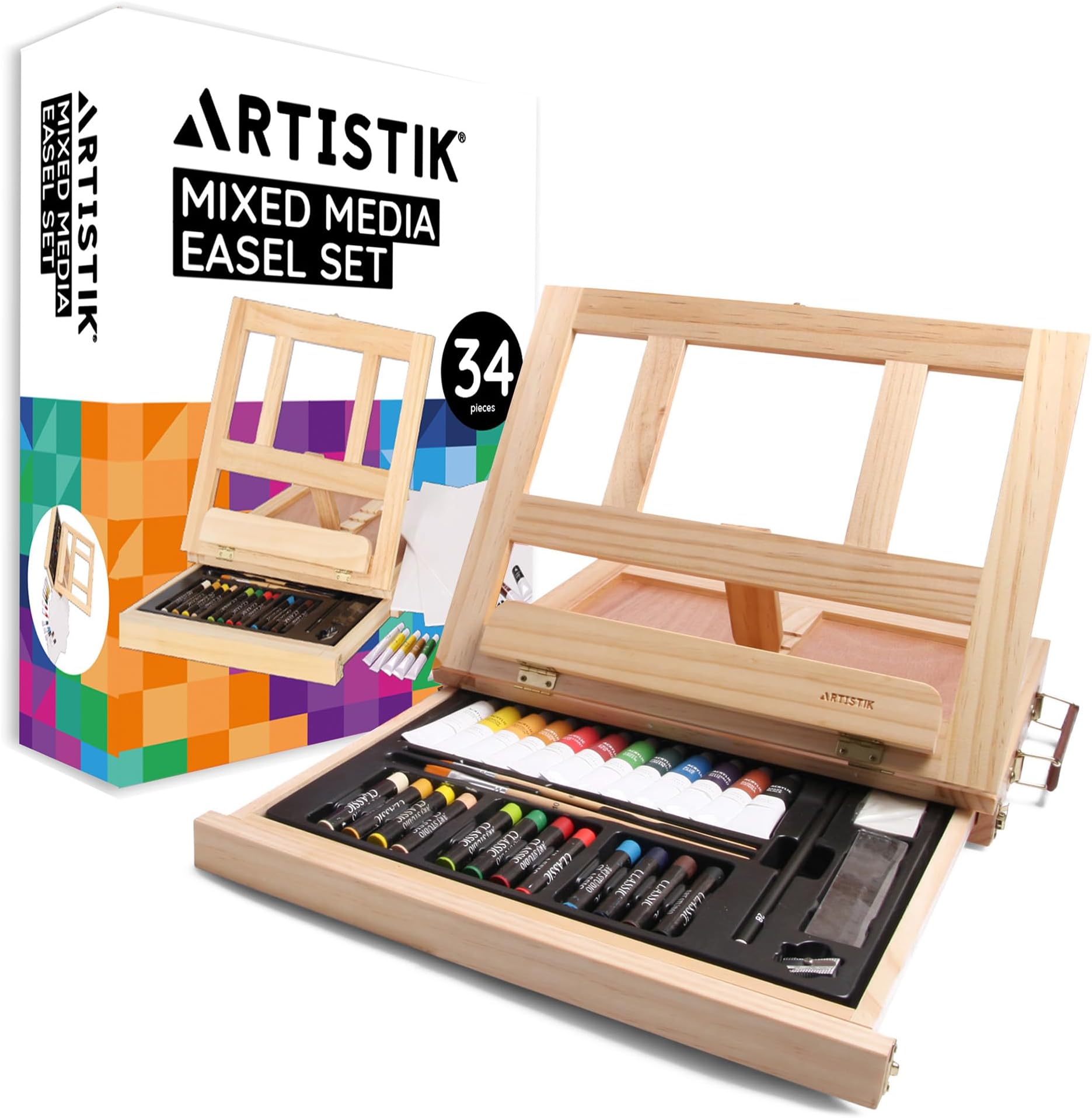 Artistik Mixed Media Easel Art Set – 34-Pc Wooden Desktop Easel Box Paint Set with Acrylic Paints, 3 Canvas Boards & Oil Pastels – Beginners & Artists Painting Kit