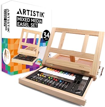 ARTISTIK Mixed Media Easel Art Set   34-Pc Wooden Desktop Easel Box Art Kit with Acrylic Paints, 3 Canvas Boards & Oil Pastels   Beginners & Professional Arts & Crafts for Adults