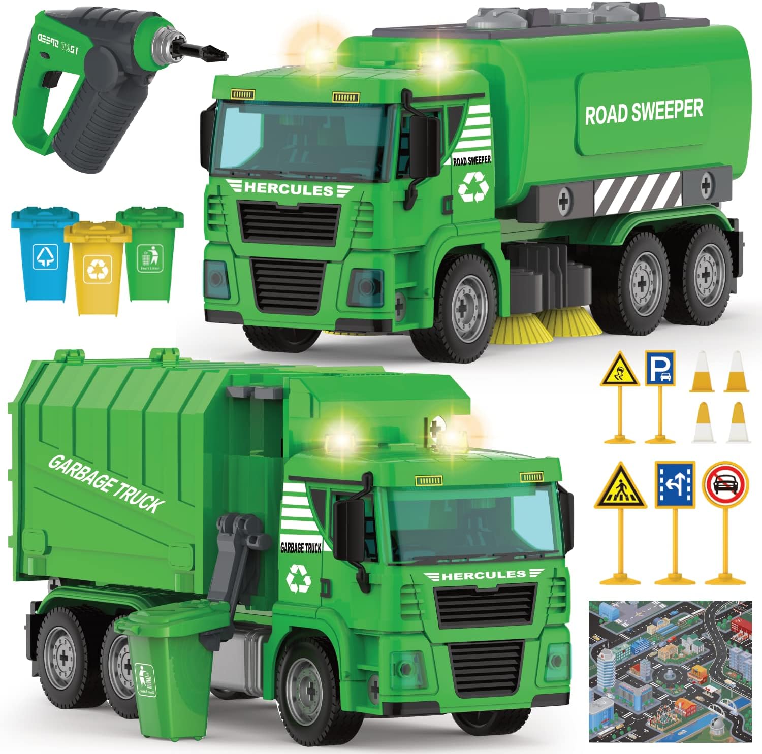 Garbage Truck Toys - 2-in-1 148 Pcs STEM Garbage Truck & Street Sweeper Take Apart Toy w/Drill, Push & Go, Lights & Sounds for Kids – Construction Vehicle Playset for Boys Ages 5 6 7+ Years Old