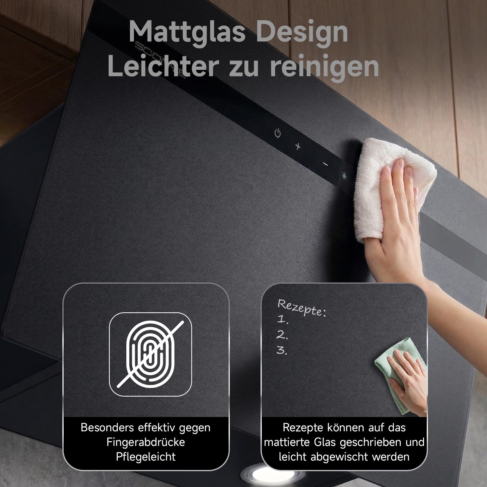 A+++ Dunstabzugshaube 60cm Umluft Kopffrei Schräghaube 380 m³/h Gestensteuerung Touchscreen Abluft Wandmontage Schwarz Mattglas