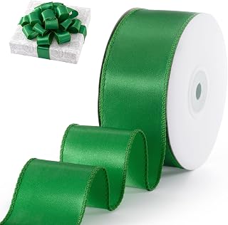 Green Satin Wired Ribbon 1.5 Inch X 20 Yards Green Christmas Ribbon Wired for Gift Wrapping Christmas Tree Decoration Bows Making Wreath DIY Crafts Holiday Decor and Home Decor