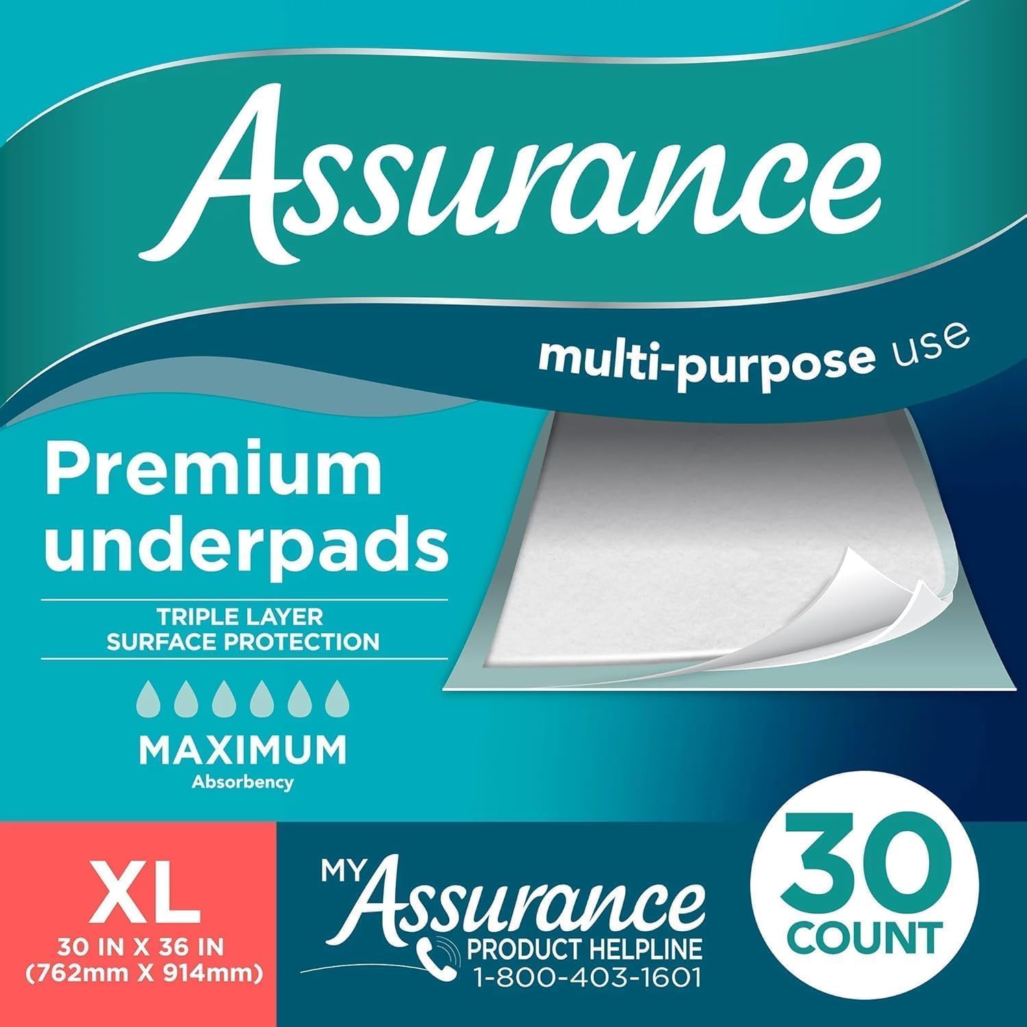 (30 Count) Assuranc Unisex Premium Quilted Underpad, Maximum Absorbency, XL
