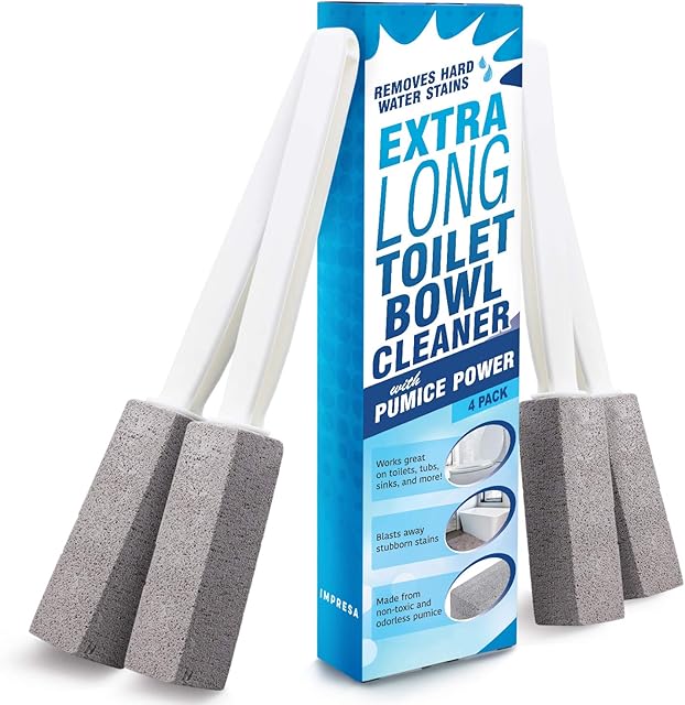 [4 Pack] Extra Long Handled Pumice Stone Toilet Bowl Cleaner - Limescale Remover - Pumice Toilet Brush - Also Cleans BBQ Grills, Tiles, Tile Grout, & Swimming Pools by Impresa