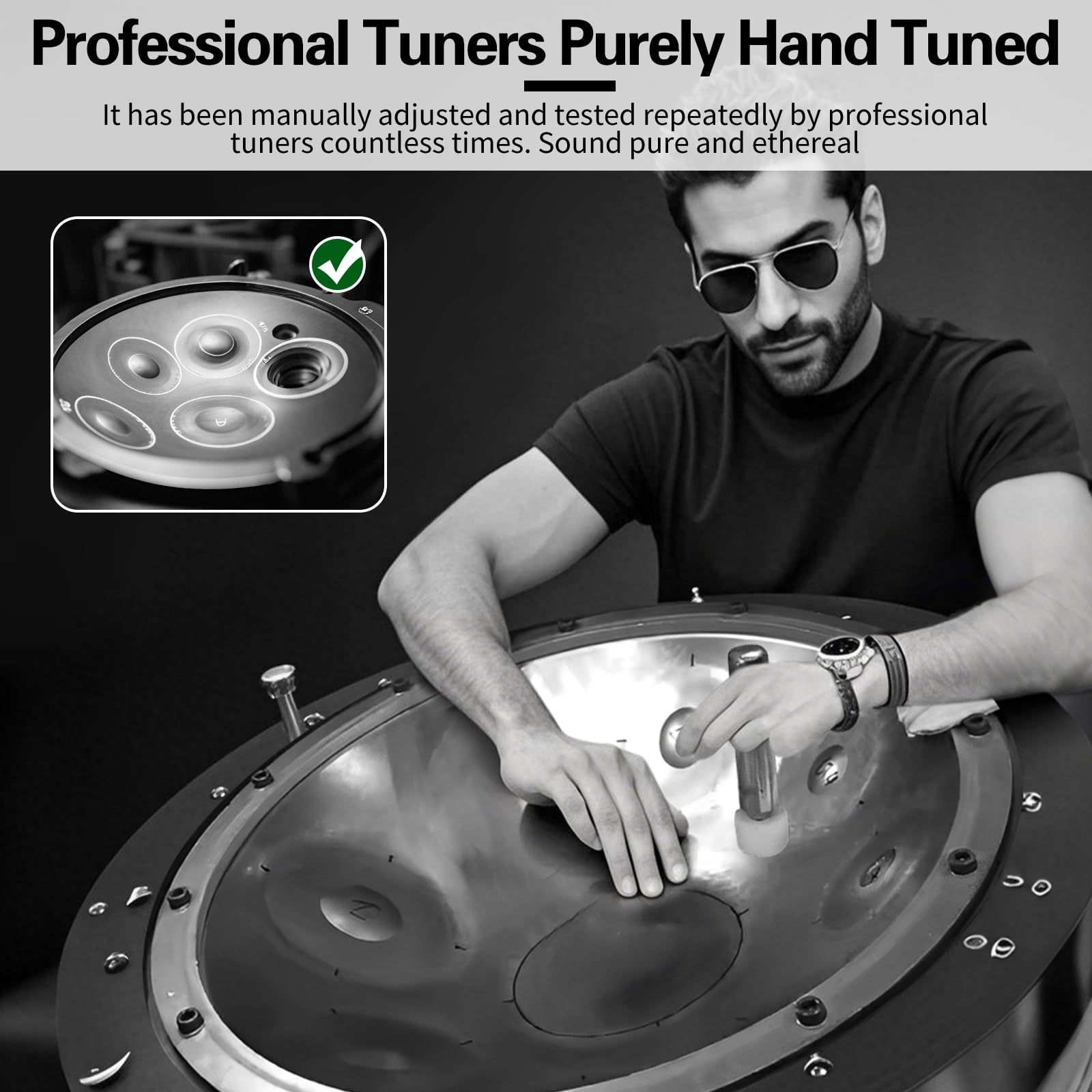Handpan Instrument 432 Hz, 9 toni, 22 pollici, Handpan in d-Moll, tamburo per lingua con custodia, bacchetta, supporto, per principianti, professionisti, musicoterapia (oro, 9 toni 432 Hz)