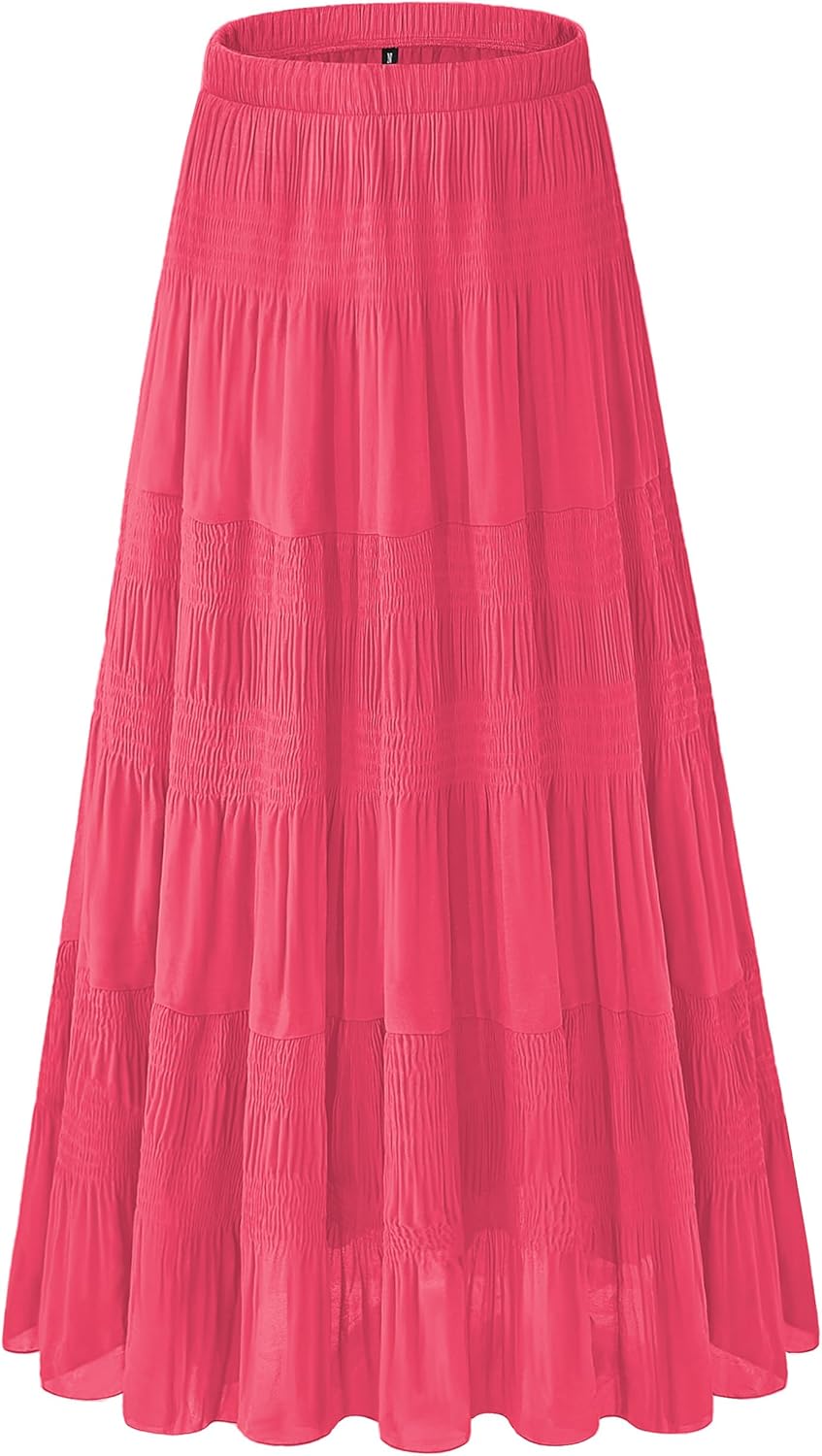 Women's Chiffon White Flowy Maxi Skirts Boho Fall Elastic Waisted Pleated A Line Long Skirt for Women 2025