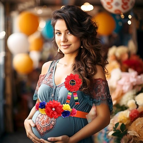 Miniatura 4 de Vansolinne Fiesta Mexican Maternity Sash Mommy to Be Sash for Baby Daddy to Be Ramillete Tema mexicano de la ONU Cinturón de vientre de flores
