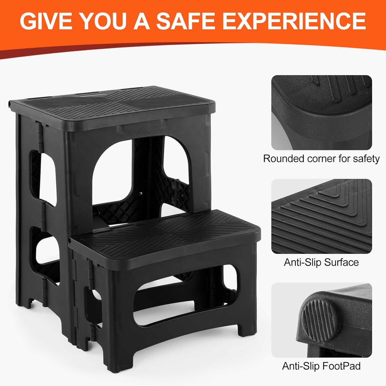 2-Step Folding Step Stool, Foldable & Dual Heights (8”/17”) | Non-Slip, Lightweight & Portable, Supports Up to 300 lbs, Ideal for Home, Office, Kitchen, RV, Boat Boarding & Camper Use