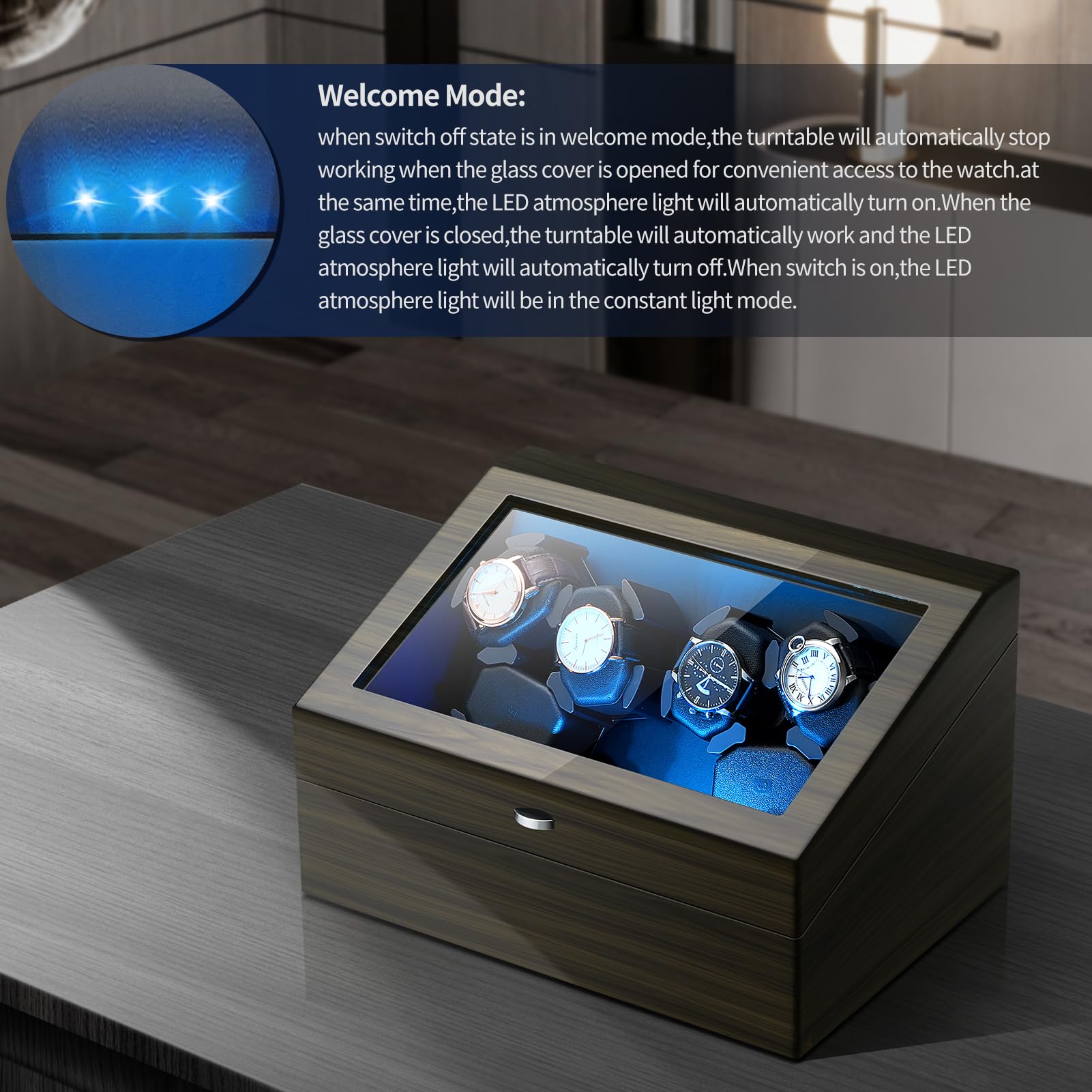 6 Uhr Wickler mit 6 Uhren Lagerung Automatische Uhren Uhrenbeweger für automatische Uhren mit Eingebautem LED-Licht USB Powered Ultra Leise Motor Klavier Lack