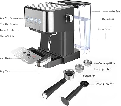 Coffee Maker 15 Bar Espresso Machine 1050W All in One Semi-Automatic Coffee Machine with Milk Whisk Steam Wand 1.5L Water Tank Coffee Portafilter Porta Filter Basket Cappuccino Latte Tamper Spoon