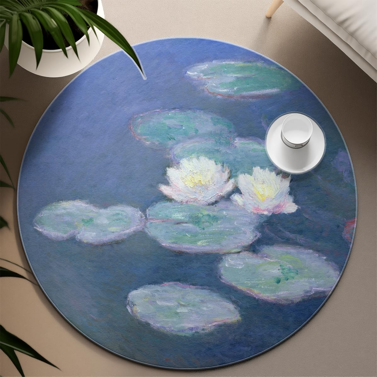 impressionnisme Grands Tapis Ronds 100cm Impression de nénuphar Lavable Tapis Mince antidérapant pour Salle de Classe Bambin Chambre d’Enfant décors Tapis