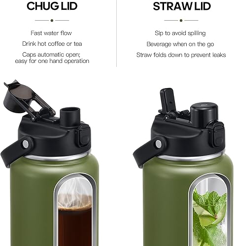 Miniatura 2 de Botella de agua aislada de medio galón con tapa 2 en 1 (tapa para beber  tapa con pajilla), botellas de agua de acero inoxidable de doble pared de