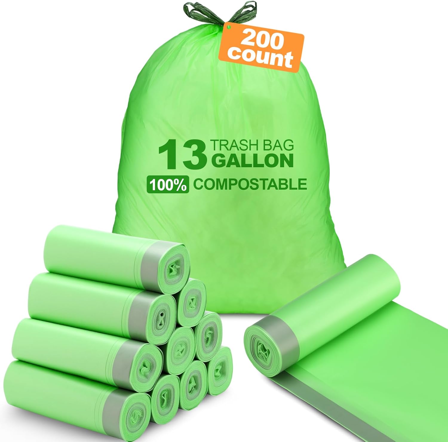 Dunzoom 200 Count 13 Gallon Compostable Trash Bags with Drawstring Tall Kitchen Food Scrap Waste Bag Heavy Duty Extra Thick 1 Mil Tear Resistant for Lawn Yard Home Kitchen Office