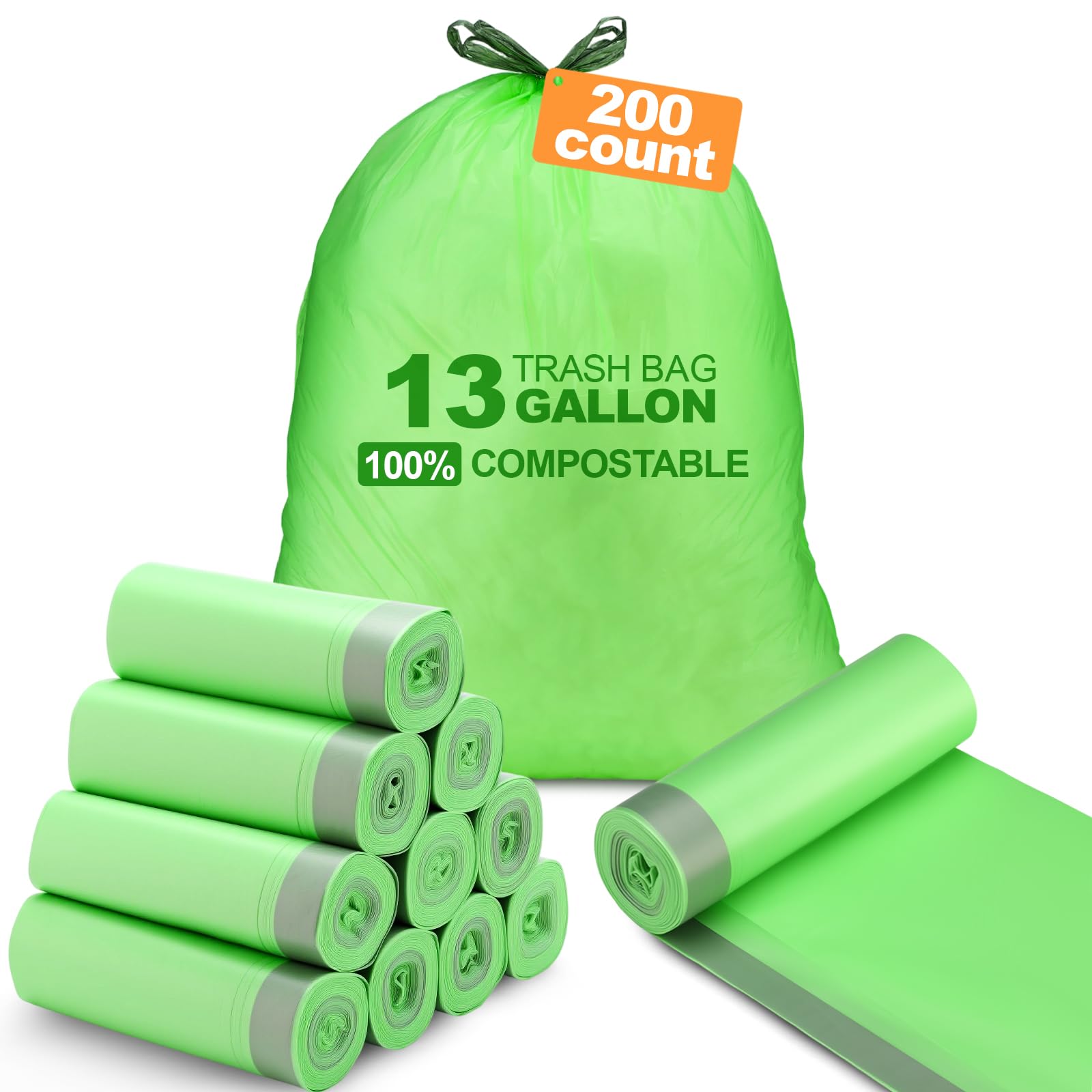 Dunzoom 200 sacchetti per rifiuti compostabili da 13 galloni con coulisse, resistenti, extra spessi, da 1 mil, resistenti agli strappi, per prato, cortile, casa, cucina, ufficio
