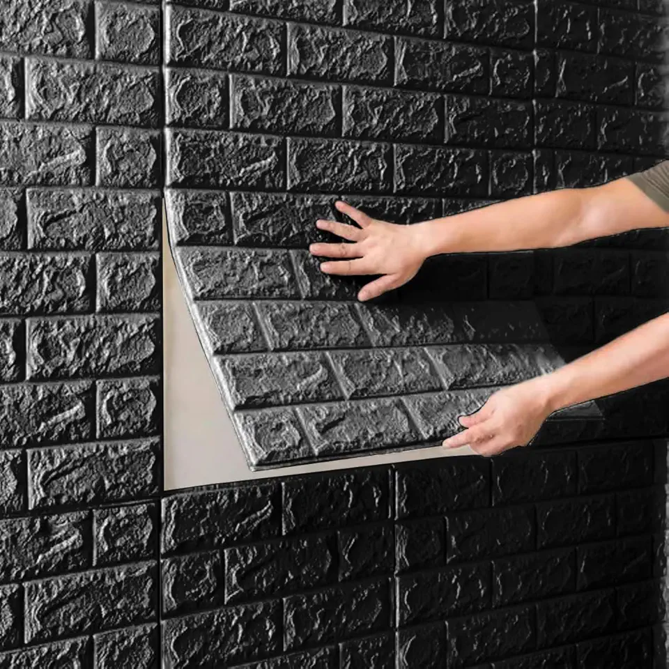 Kit 20 Placas 3D Tijolinho Preto 70x77cm Auto Adesivo Espuma Revestimento de Parede